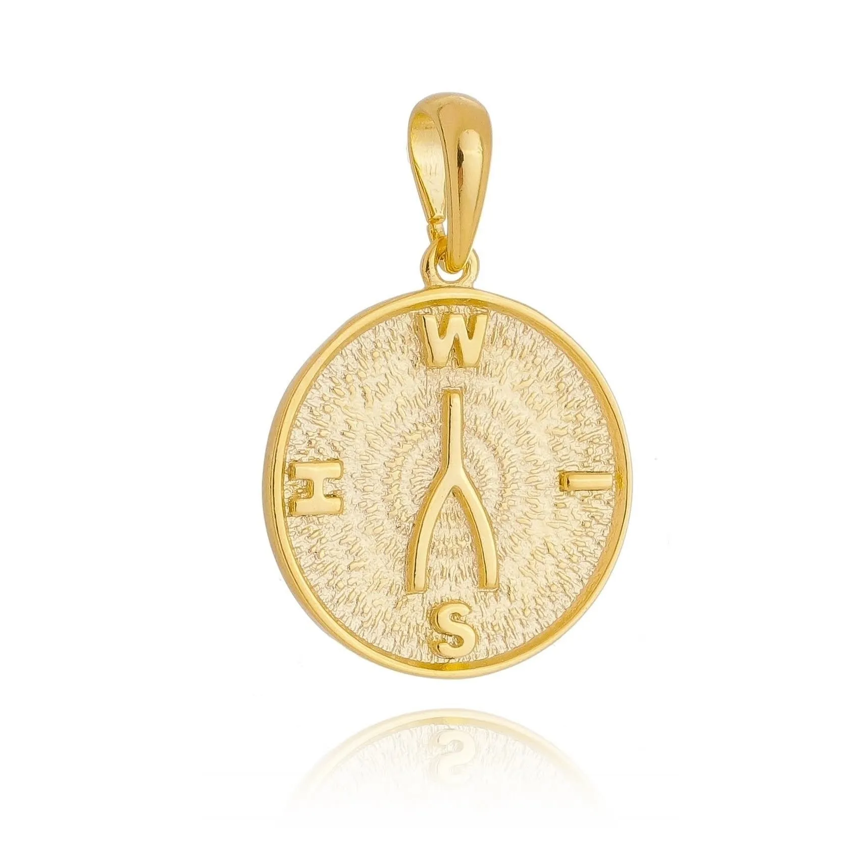 18k Gold Filled Wishbone Pendant Featuring Textured Background W I S H Letters