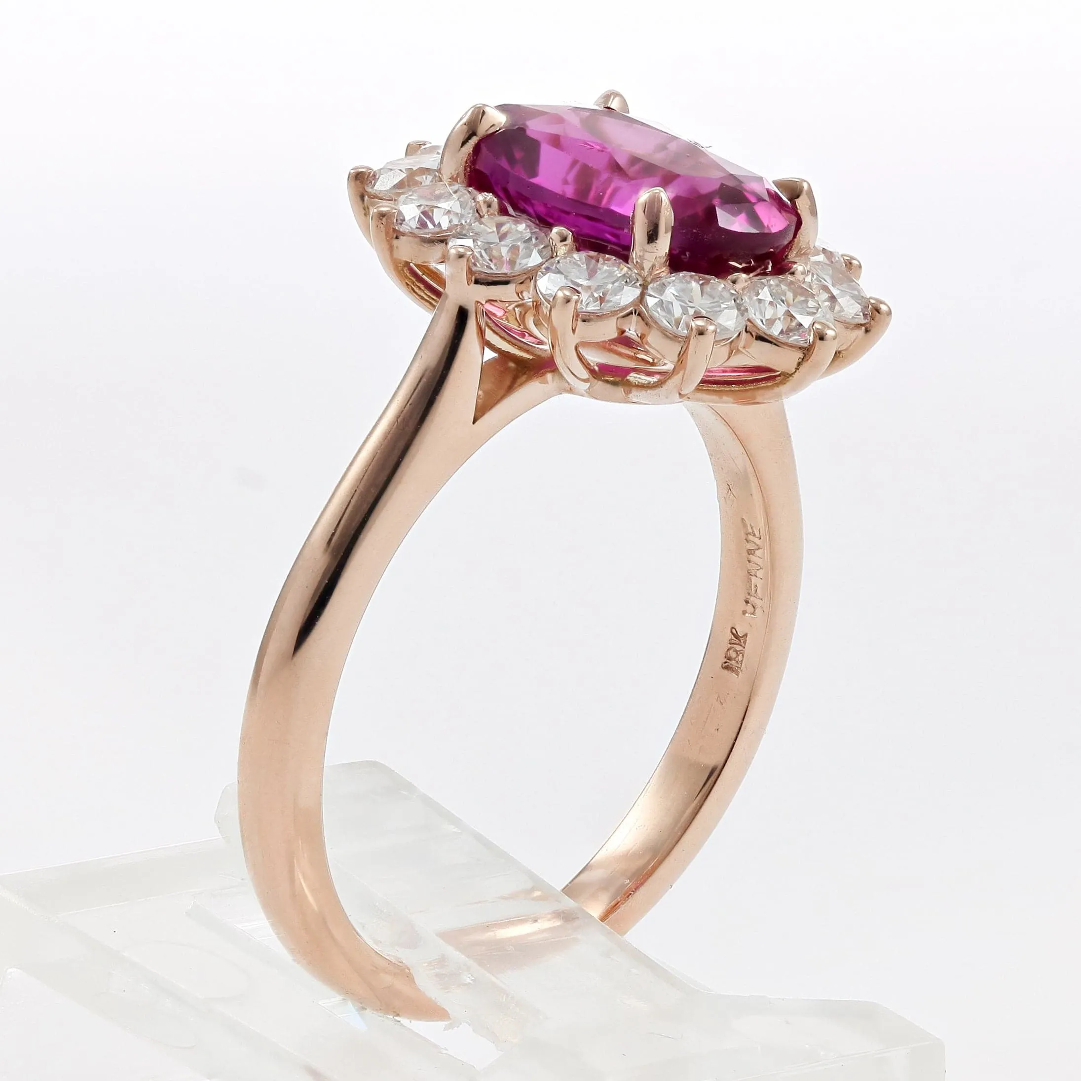 18K ROSE GOLD FUCHSIA SAPPHIRE DIAMOND HALO RING