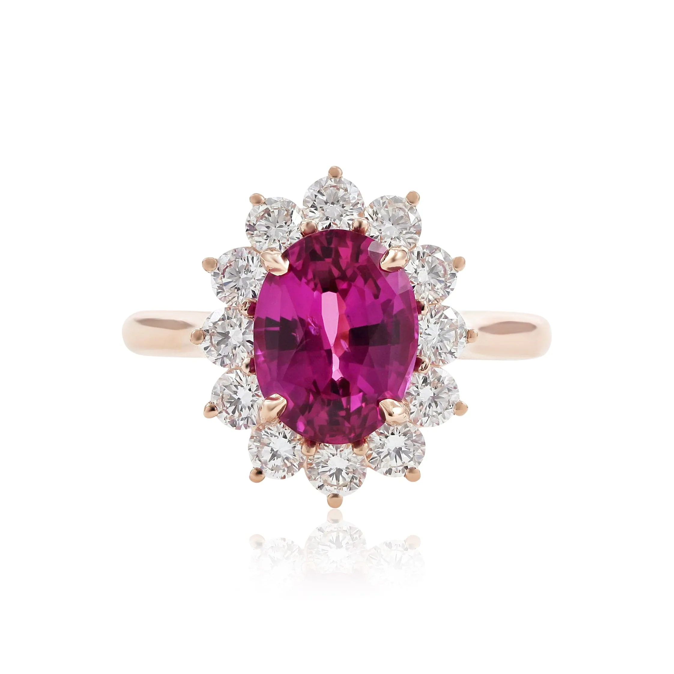 18K ROSE GOLD FUCHSIA SAPPHIRE DIAMOND HALO RING