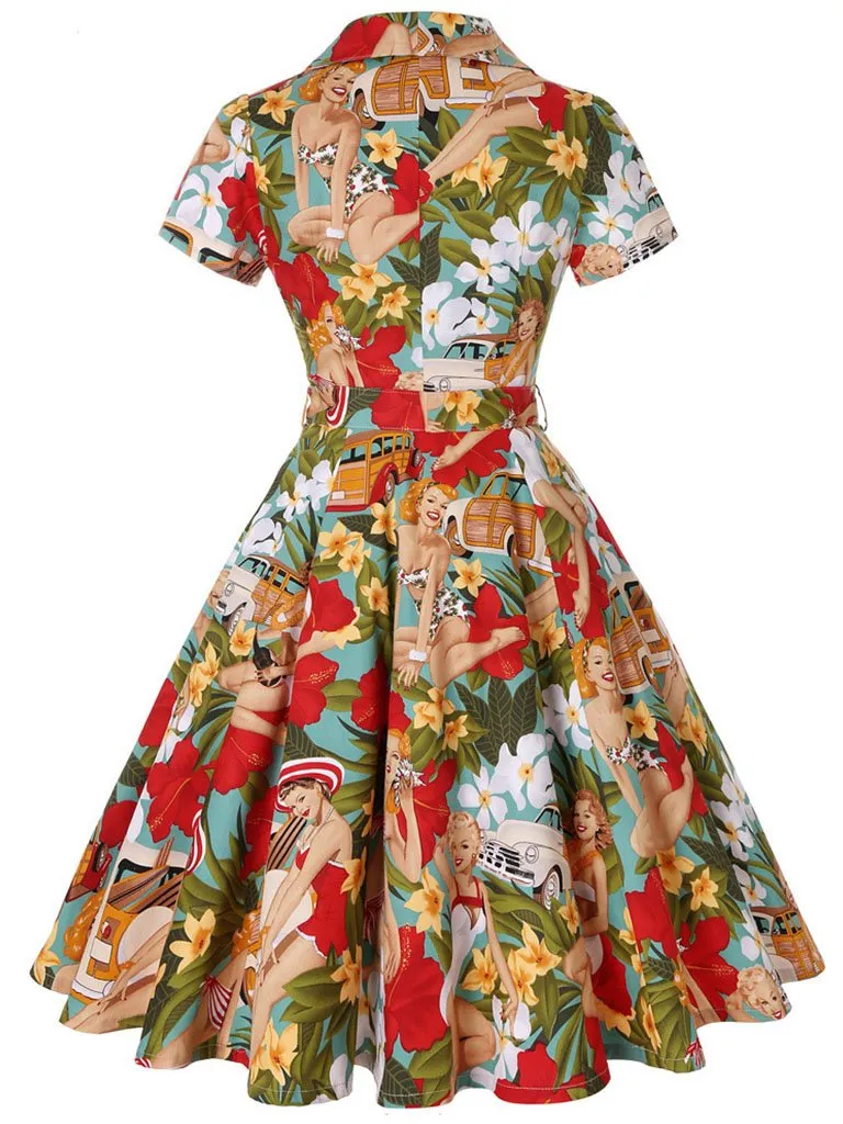 1960S Lemon Print Swing Dress With Belt