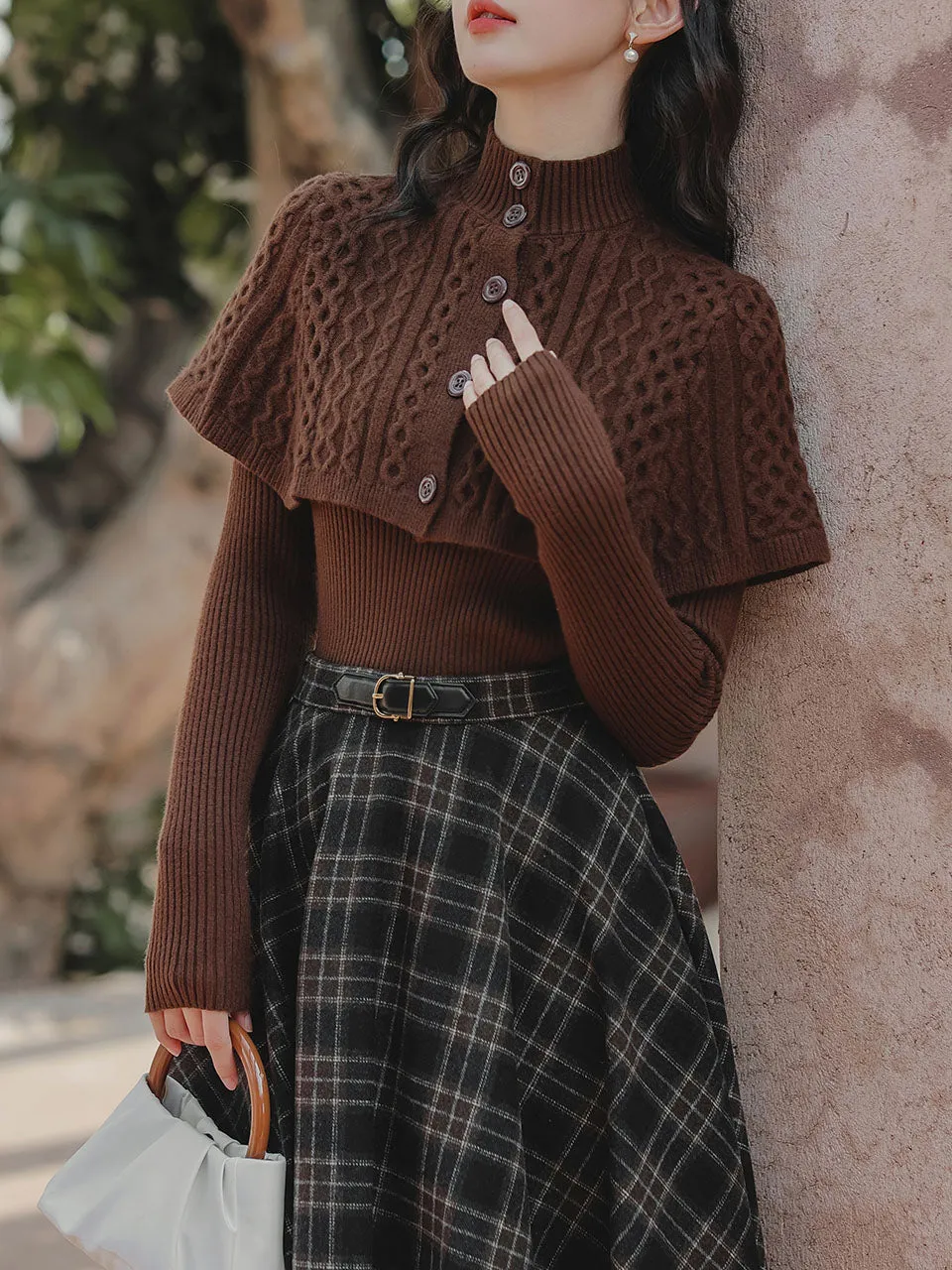 3PS Brown Bow Knitted Sweater Top Cape With Plaid Skirt Vintage 1950s Suits