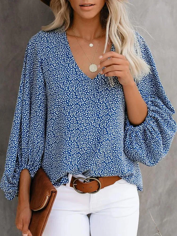 All Over Print Surplice Neck Lantern Sleeve Blouse