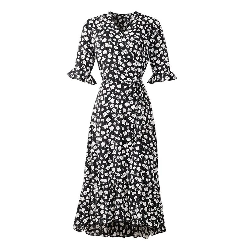 Années 40 Robe Croisée Imprimée Floral Rétro