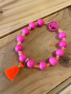 ARMBAND HOLZPERLEN PINK ORANGE TASSLE & PEACE