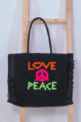 Basttasche love and peace, schwarz