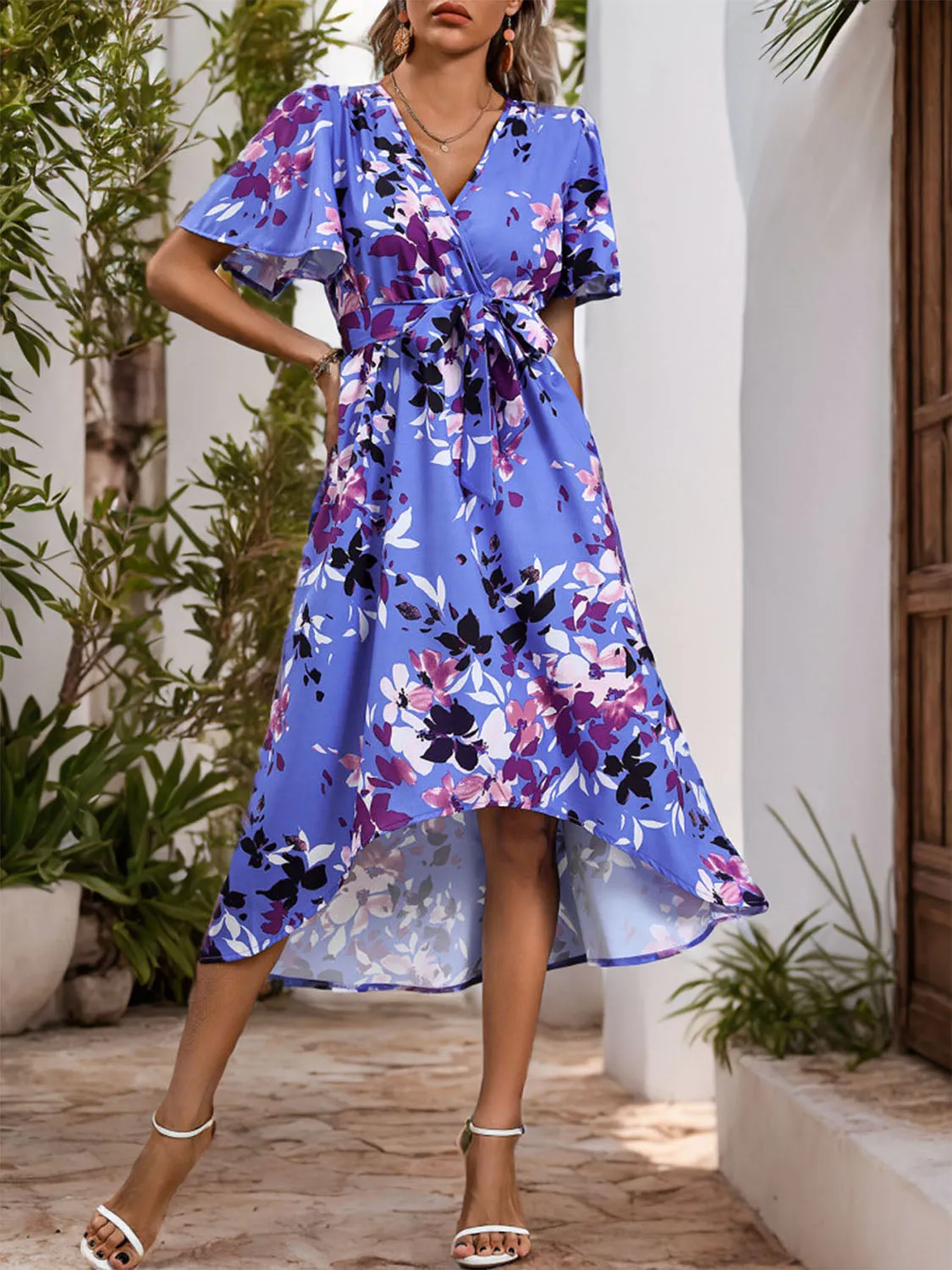 Beach Wedding Guest Dress for Women: Floral Surplice Midi with High-Low Hem and Short Sleeves