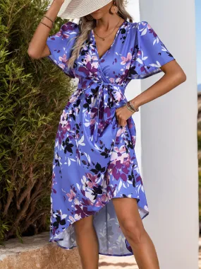 Beach Wedding Guest Dress for Women: Floral Surplice Midi with High-Low Hem and Short Sleeves