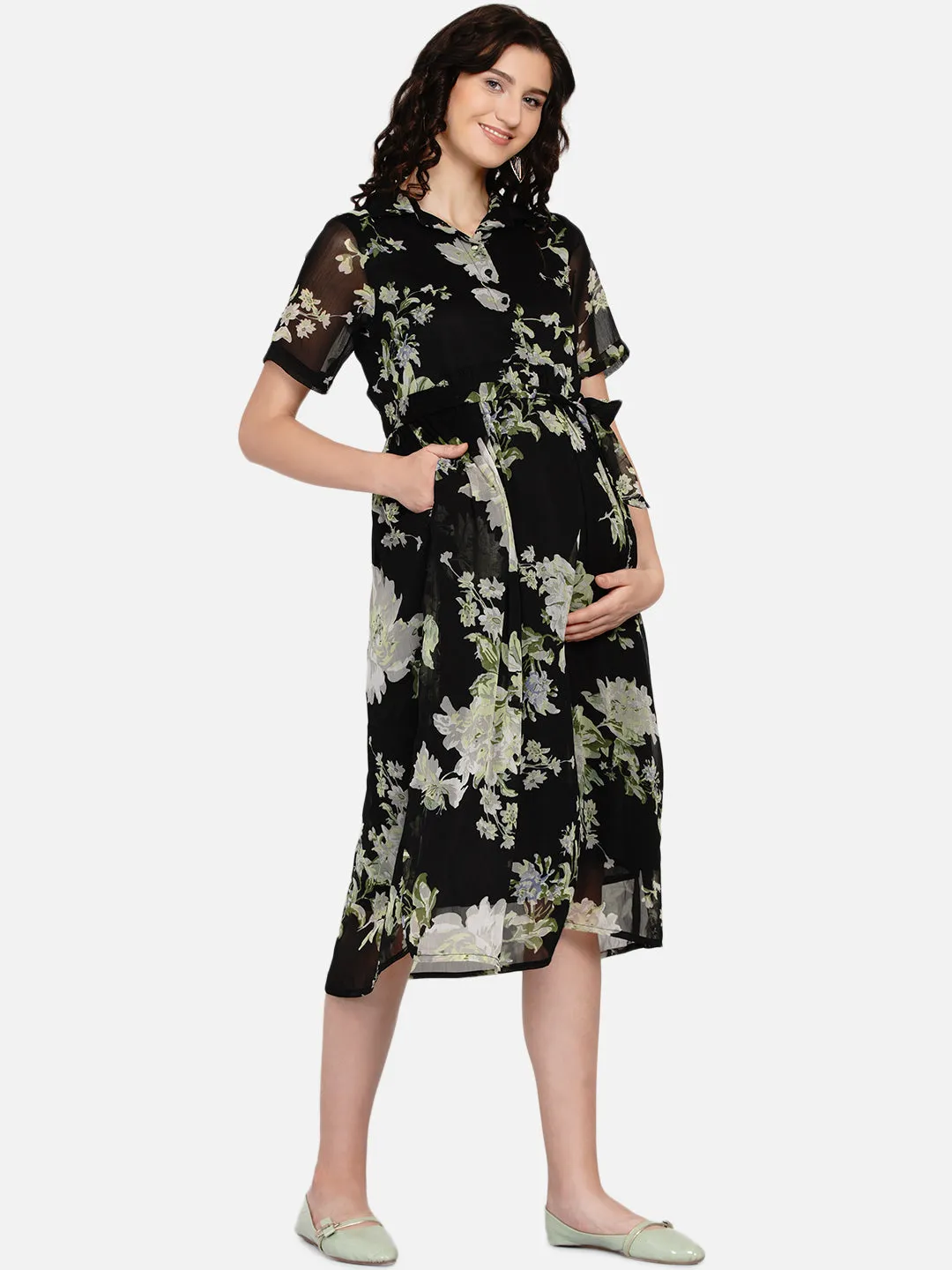 Black Floral Print Maternity and Nursing Midi Dress