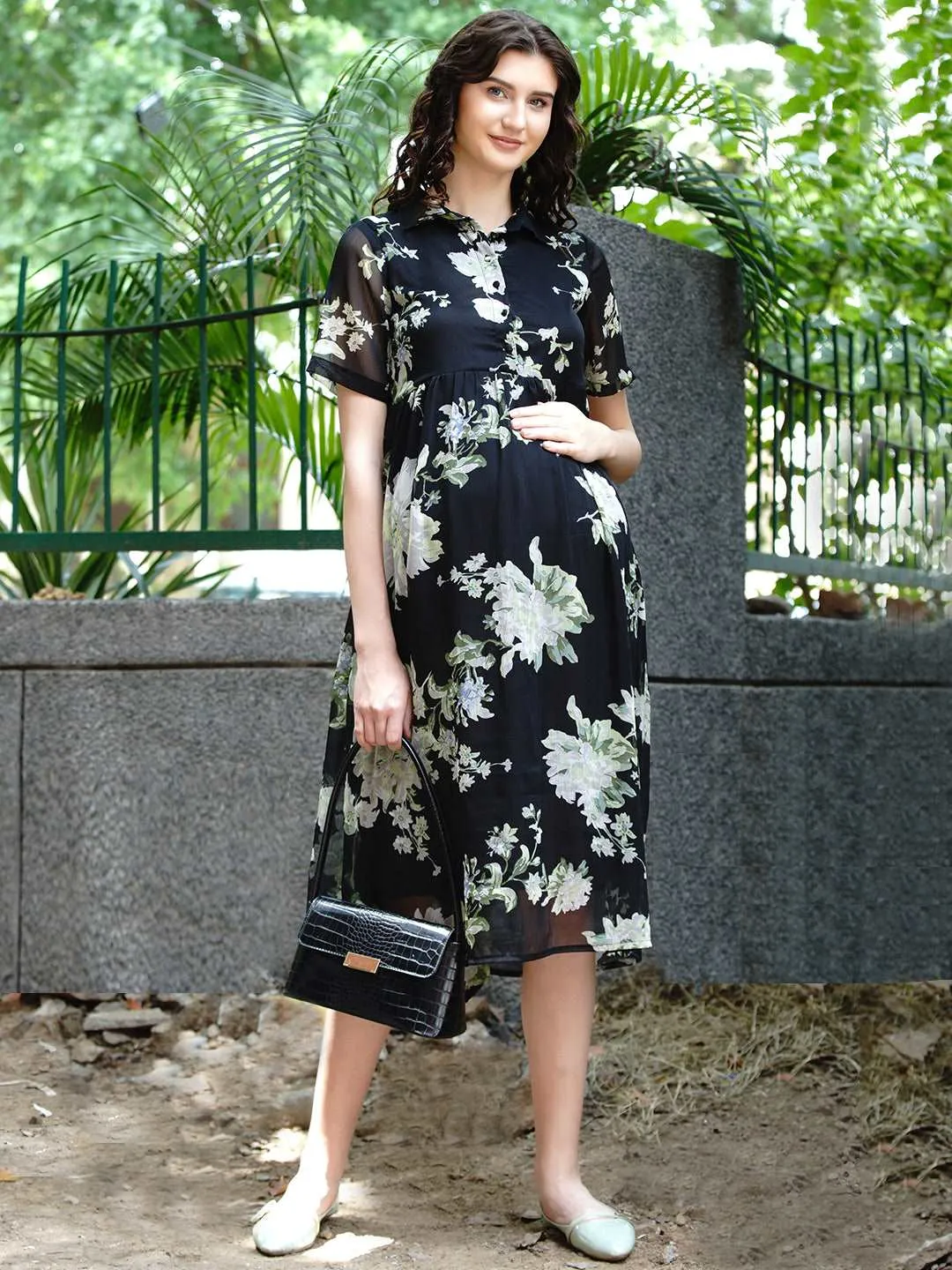 Black Floral Print Maternity and Nursing Midi Dress