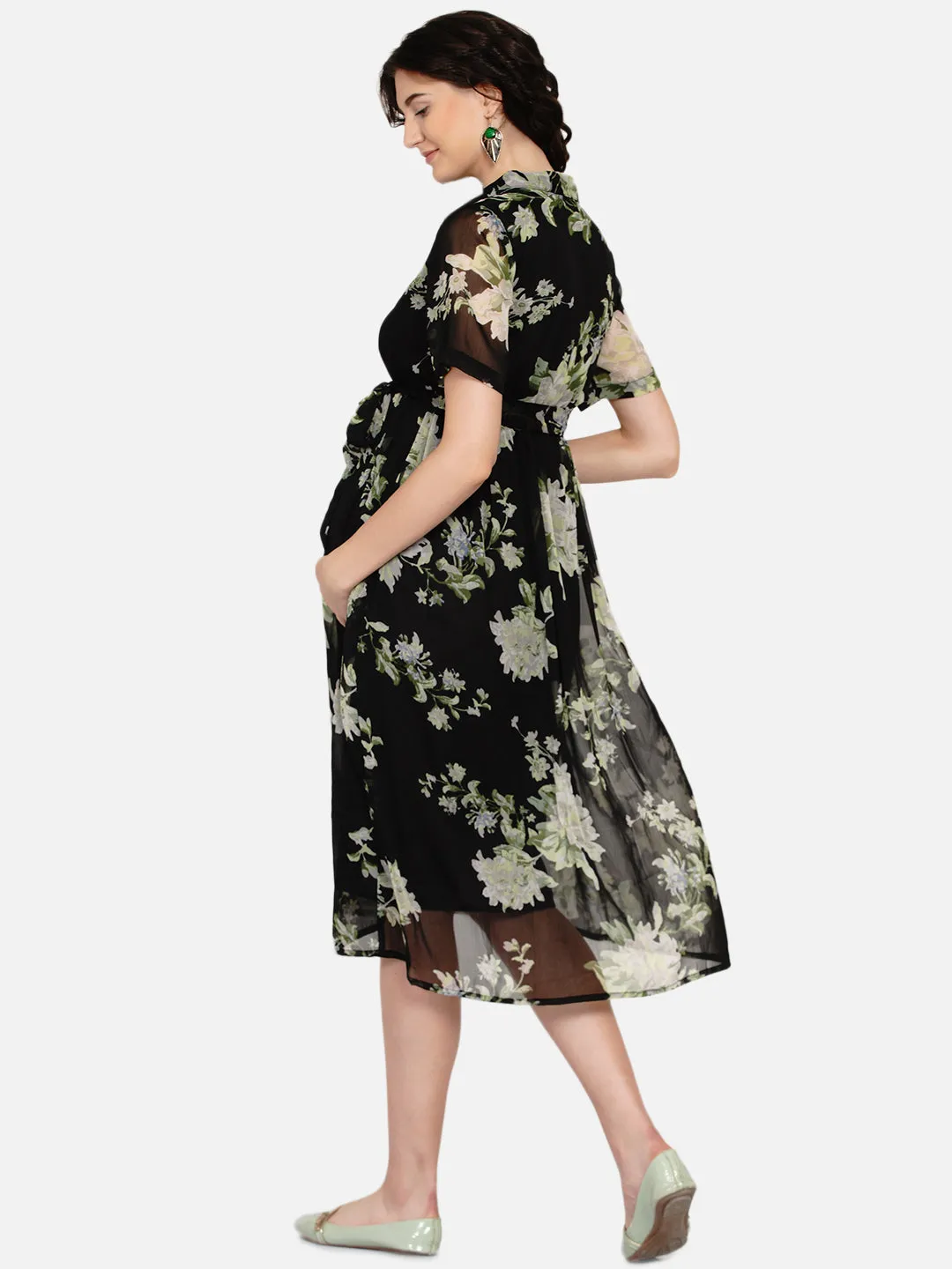 Black Floral Print Maternity and Nursing Midi Dress