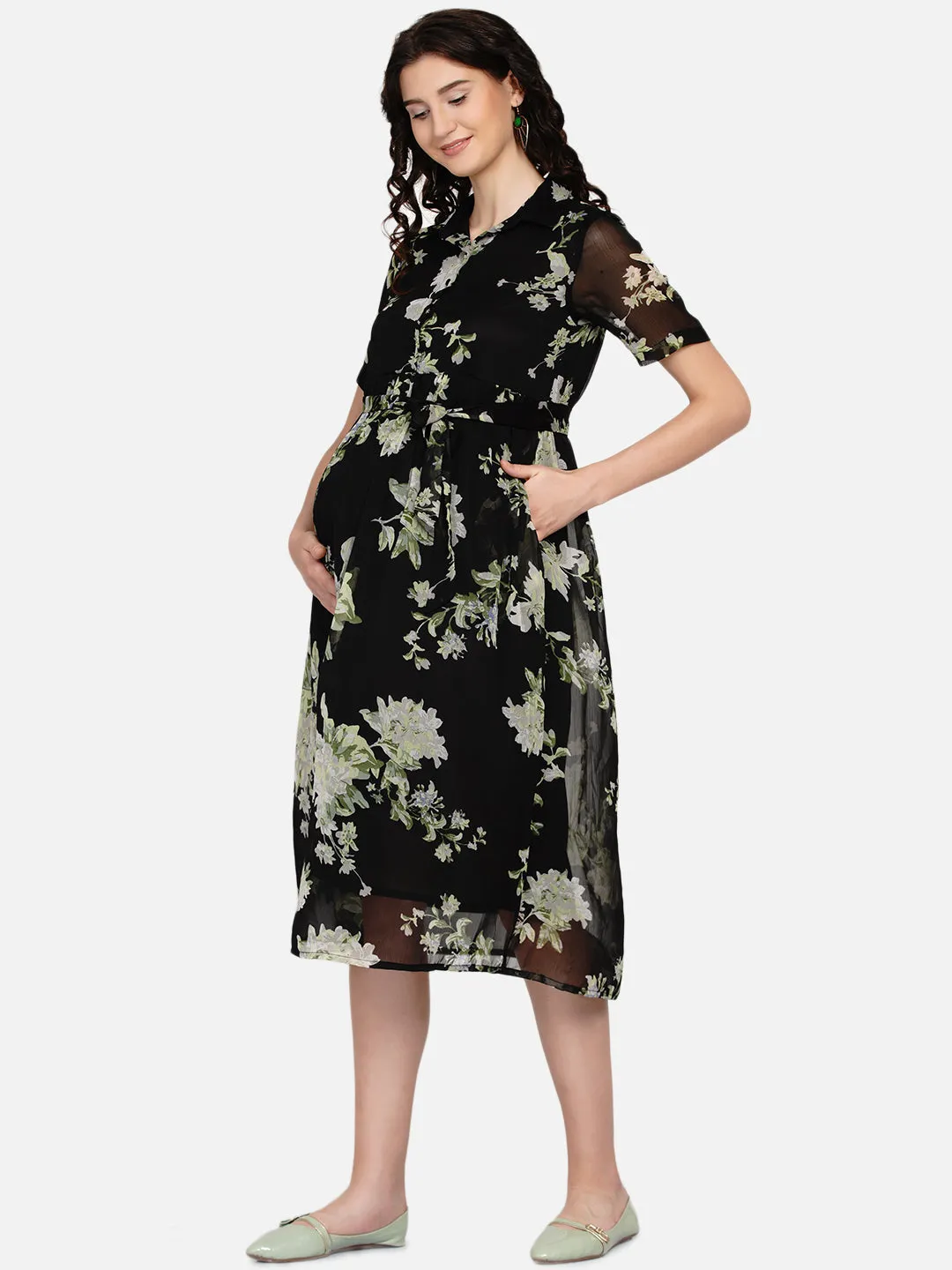 Black Floral Print Maternity and Nursing Midi Dress