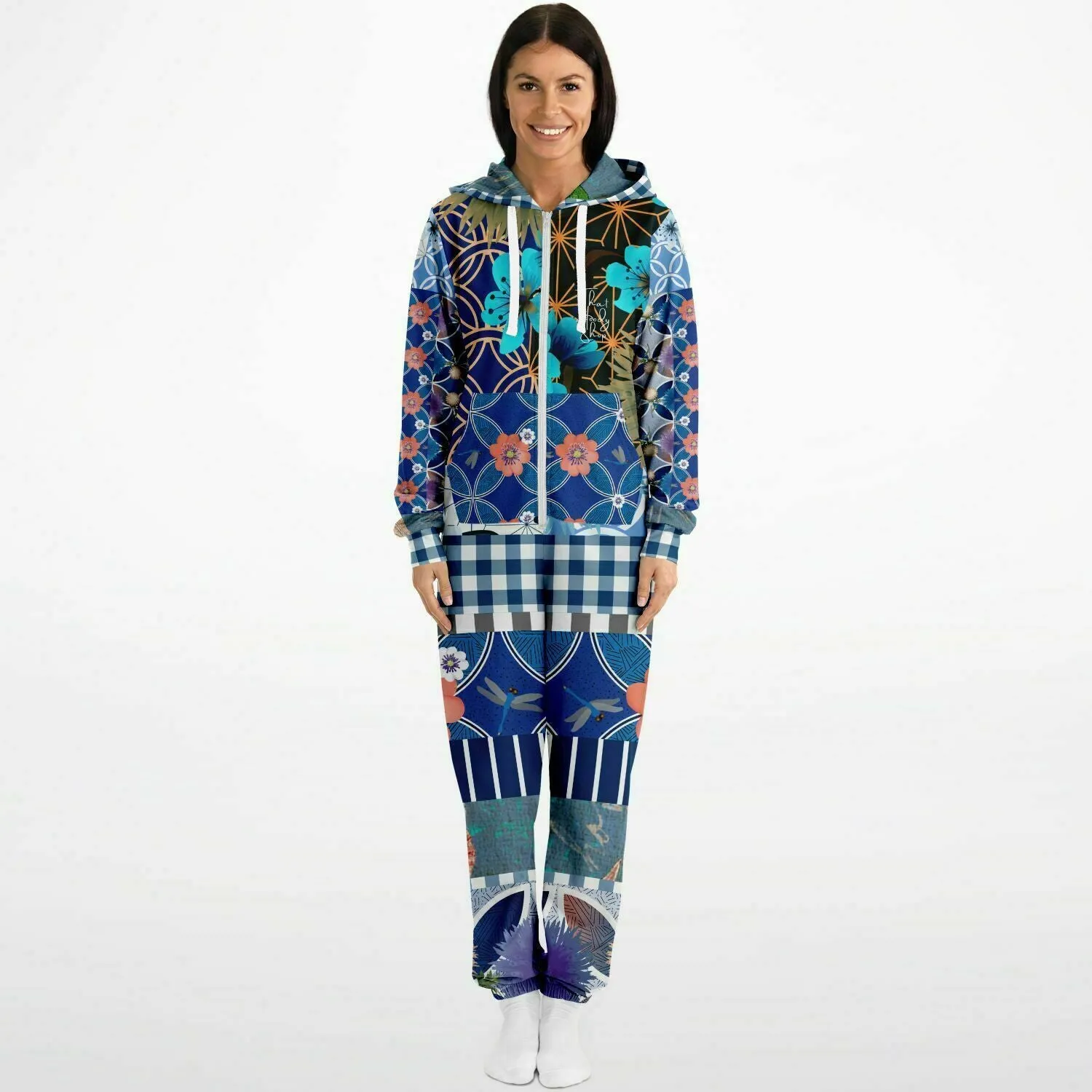 Blue Andalusian Floral Plaid Patchwork Fleece Unisex Romper