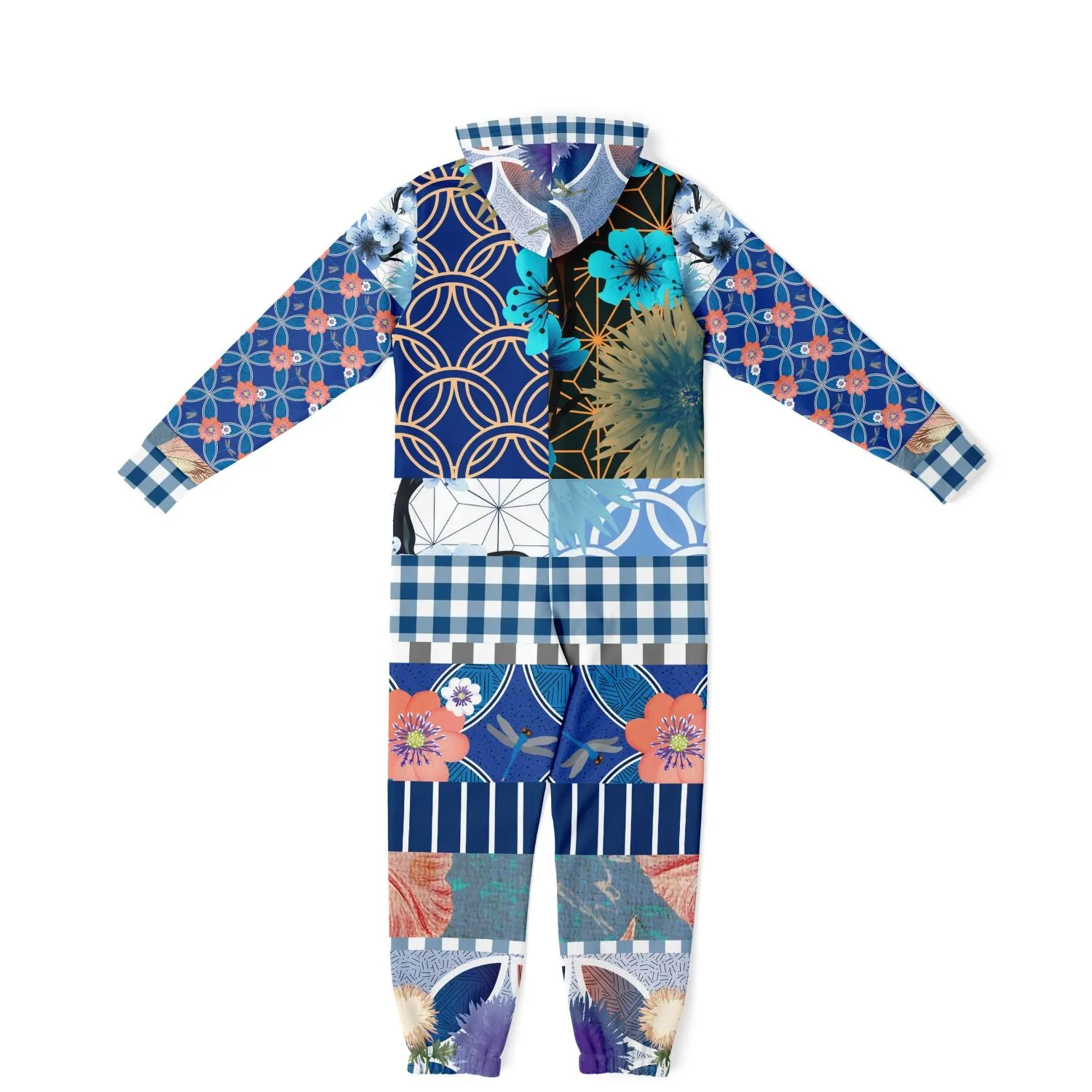 Blue Andalusian Floral Plaid Patchwork Fleece Unisex Romper