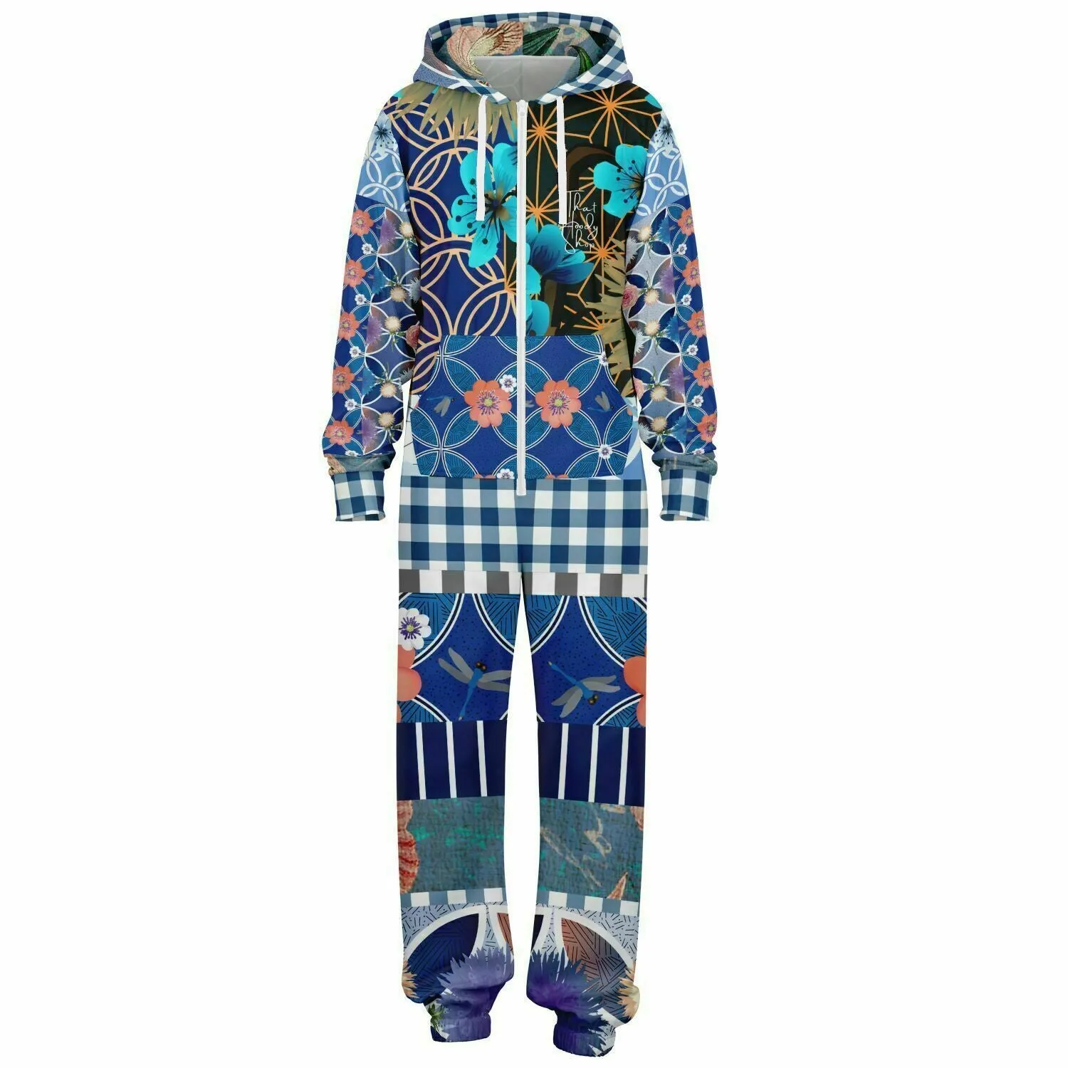 Blue Andalusian Floral Plaid Patchwork Fleece Unisex Romper