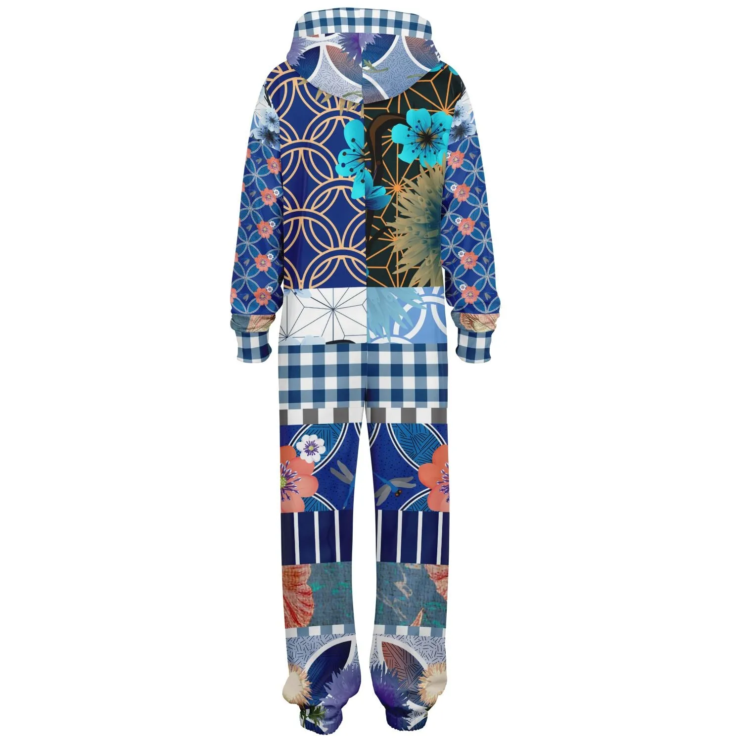 Blue Andalusian Floral Plaid Patchwork Fleece Unisex Romper