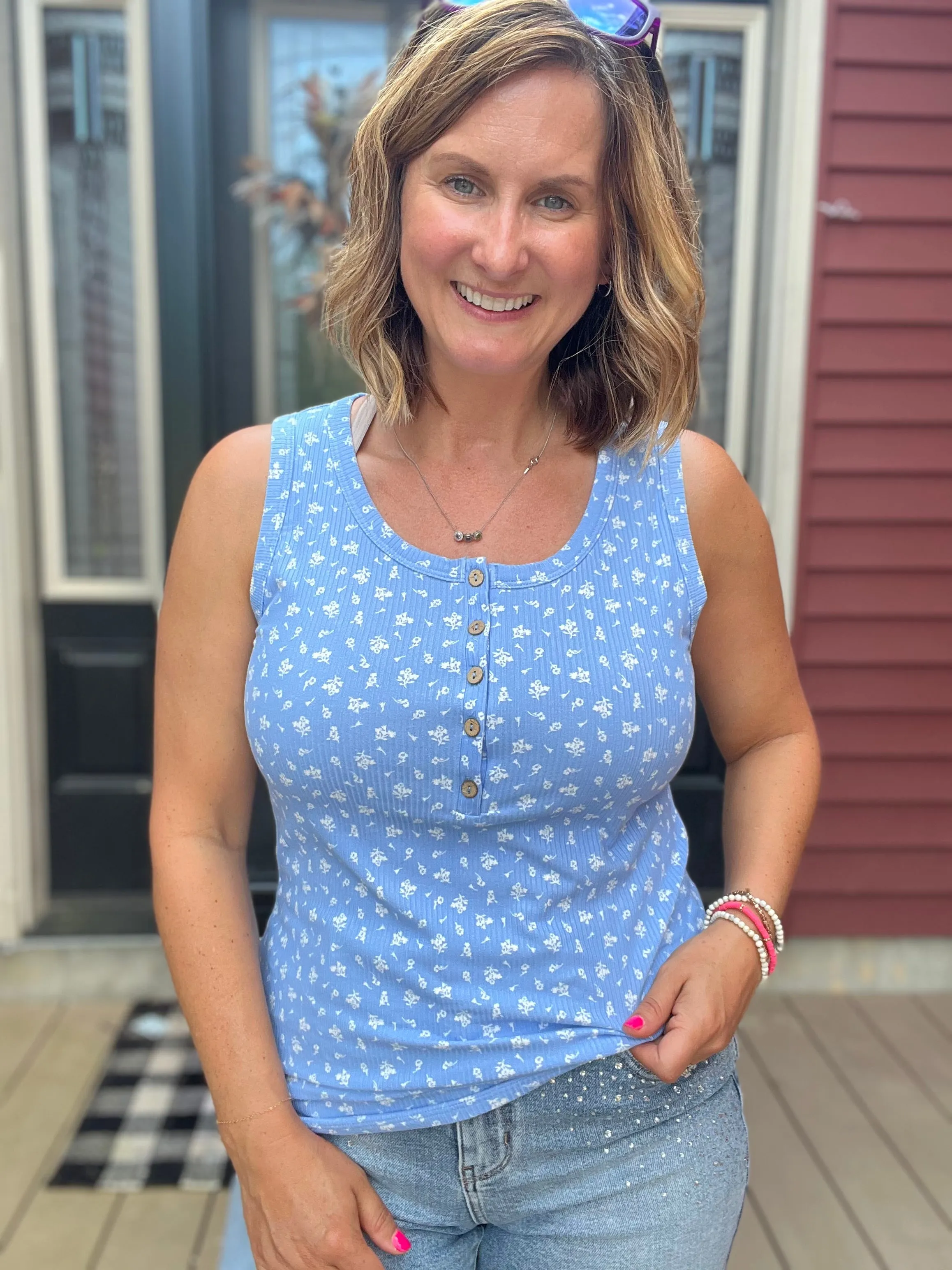 Blue Floral Henley Tank