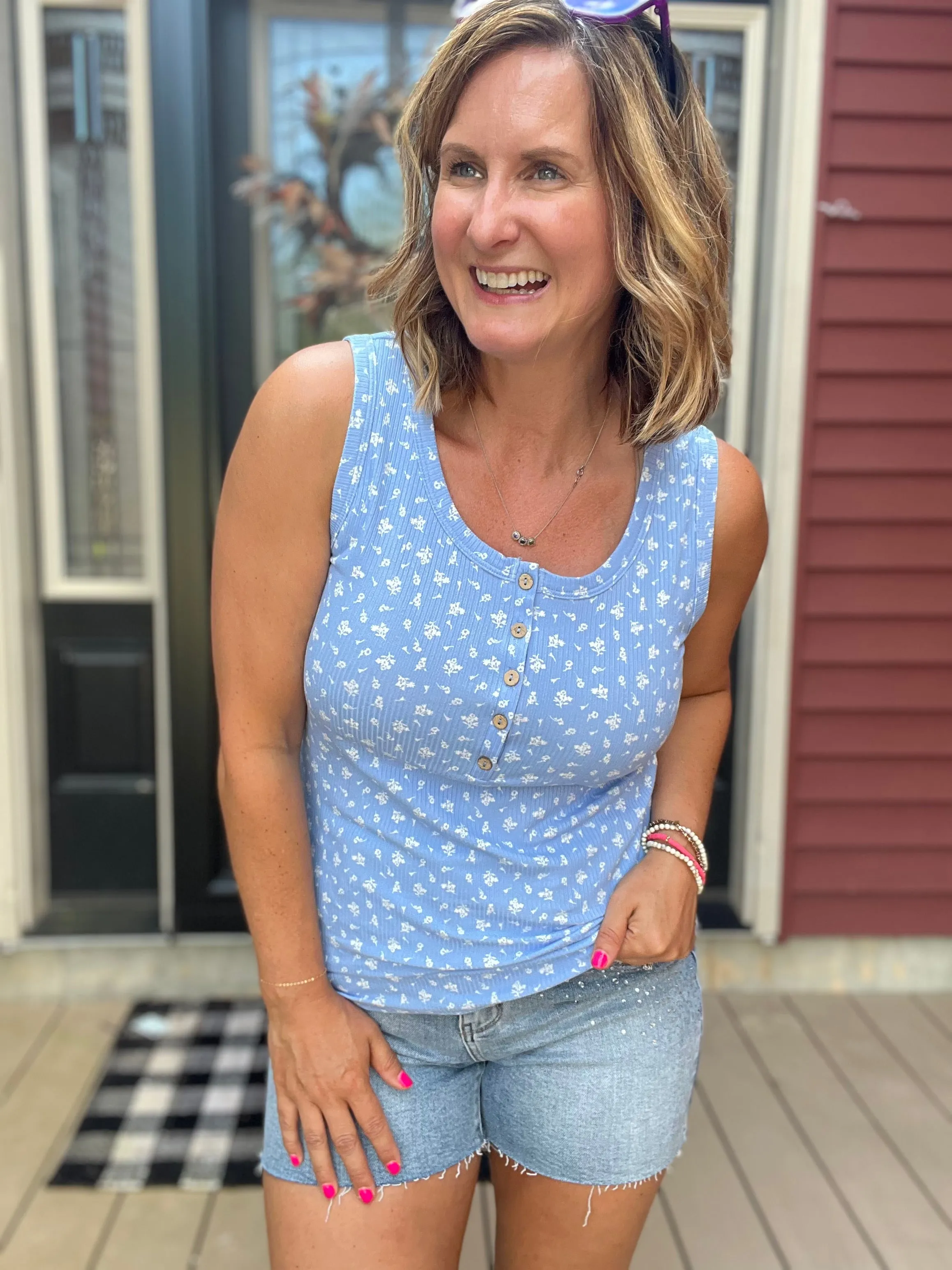 Blue Floral Henley Tank