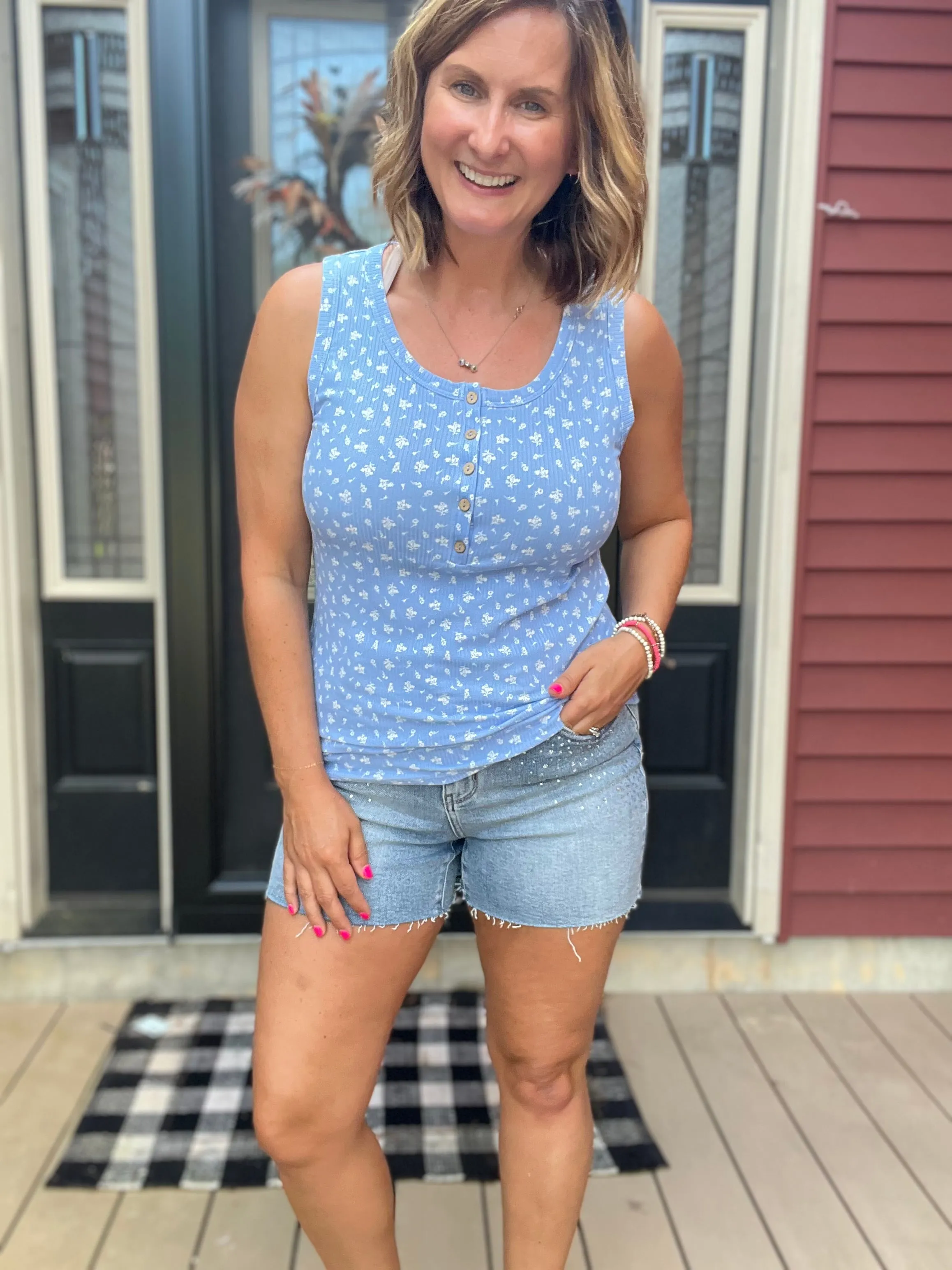 Blue Floral Henley Tank