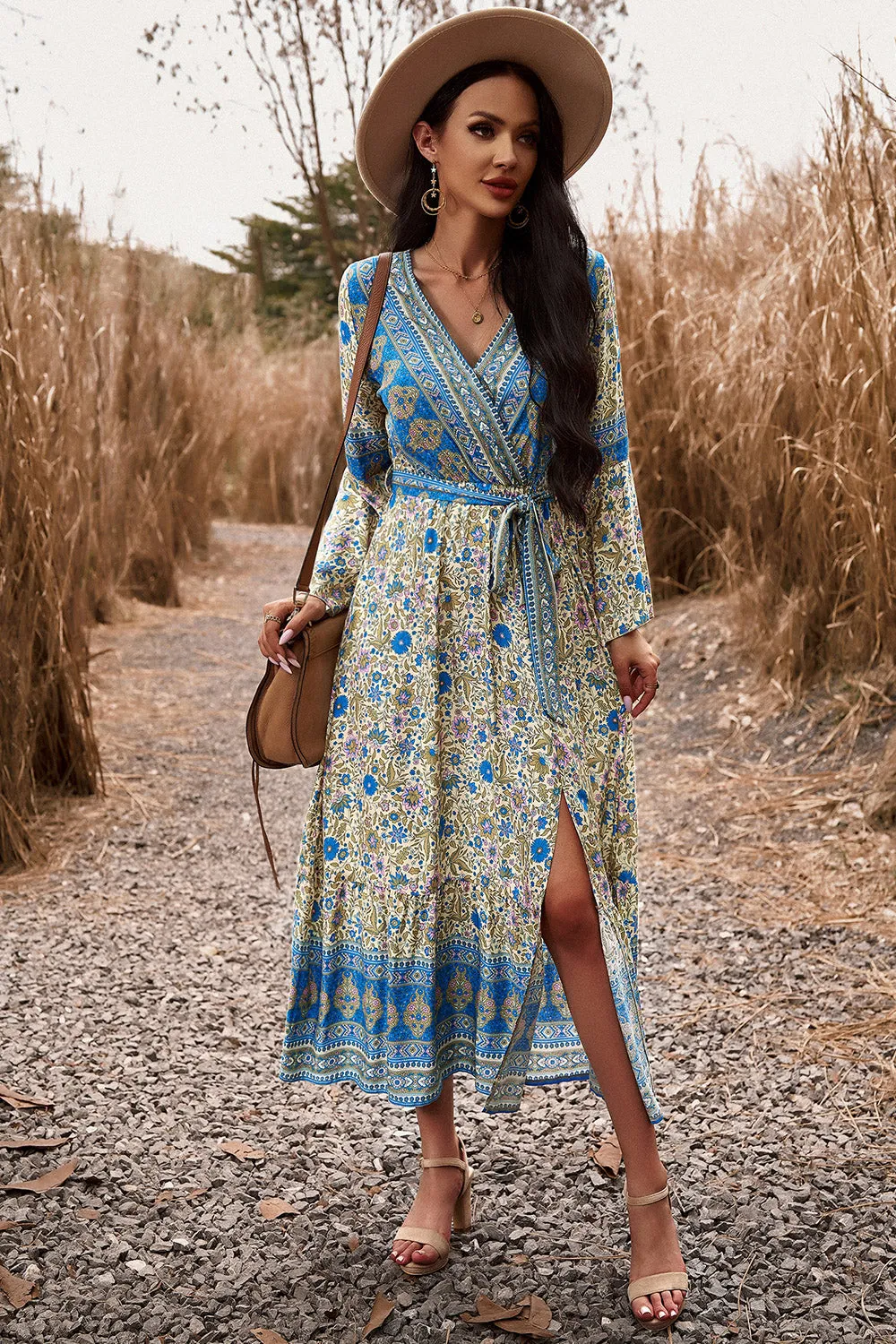 Bohemian Surplice Neck Dress with Slit - Elegant Summer Beach Wedding Guest Attire for Women