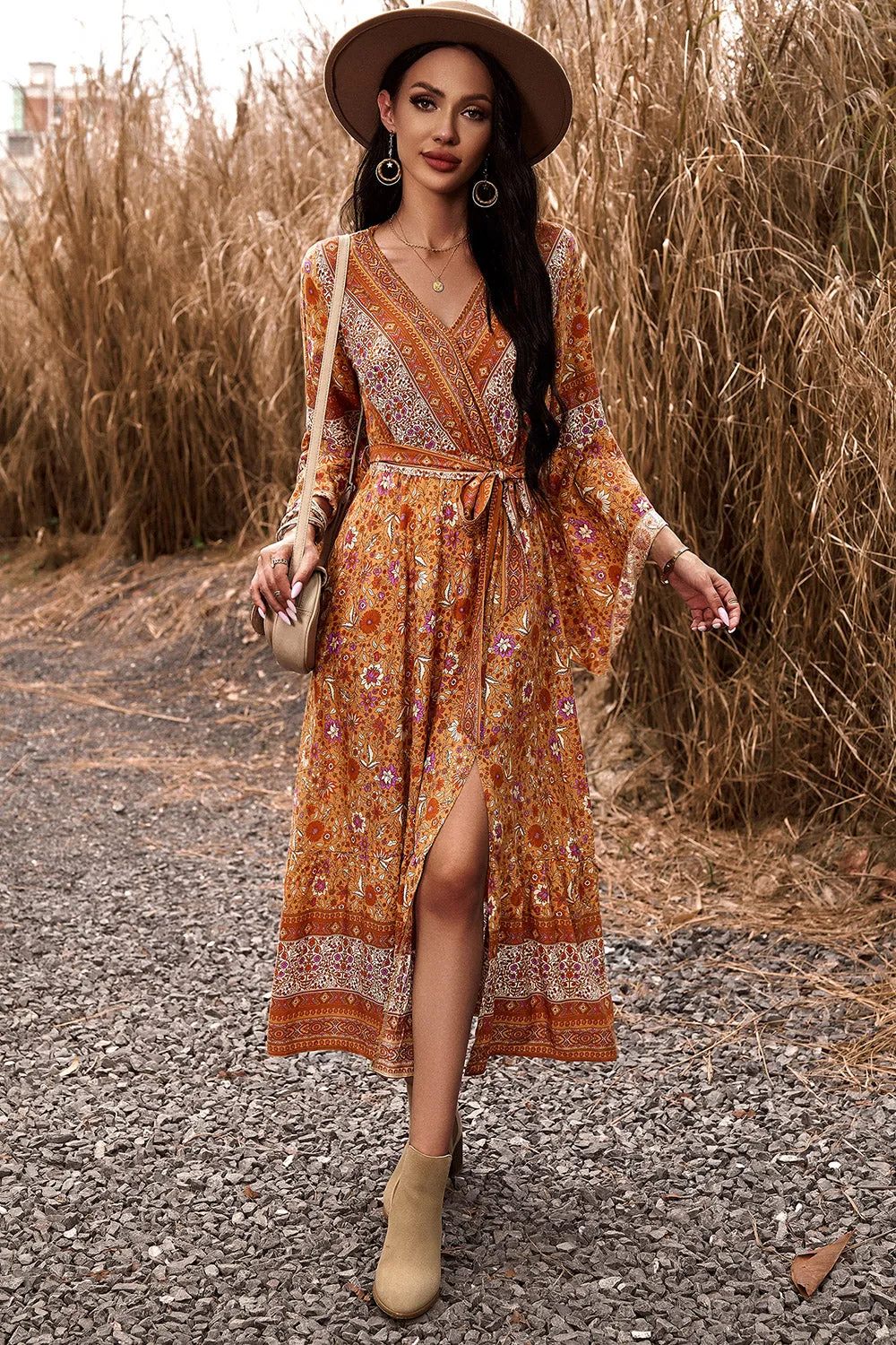 Bohemian Surplice Neck Dress with Slit - Elegant Summer Beach Wedding Guest Attire for Women