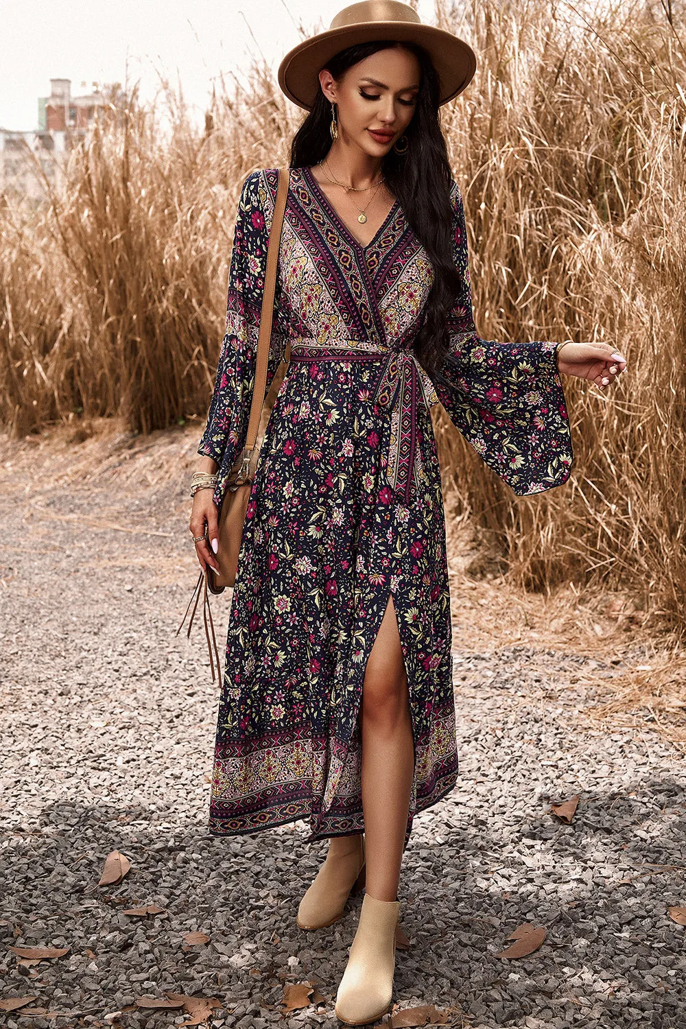 Bohemian Surplice Neck Dress with Slit - Elegant Summer Beach Wedding Guest Attire for Women