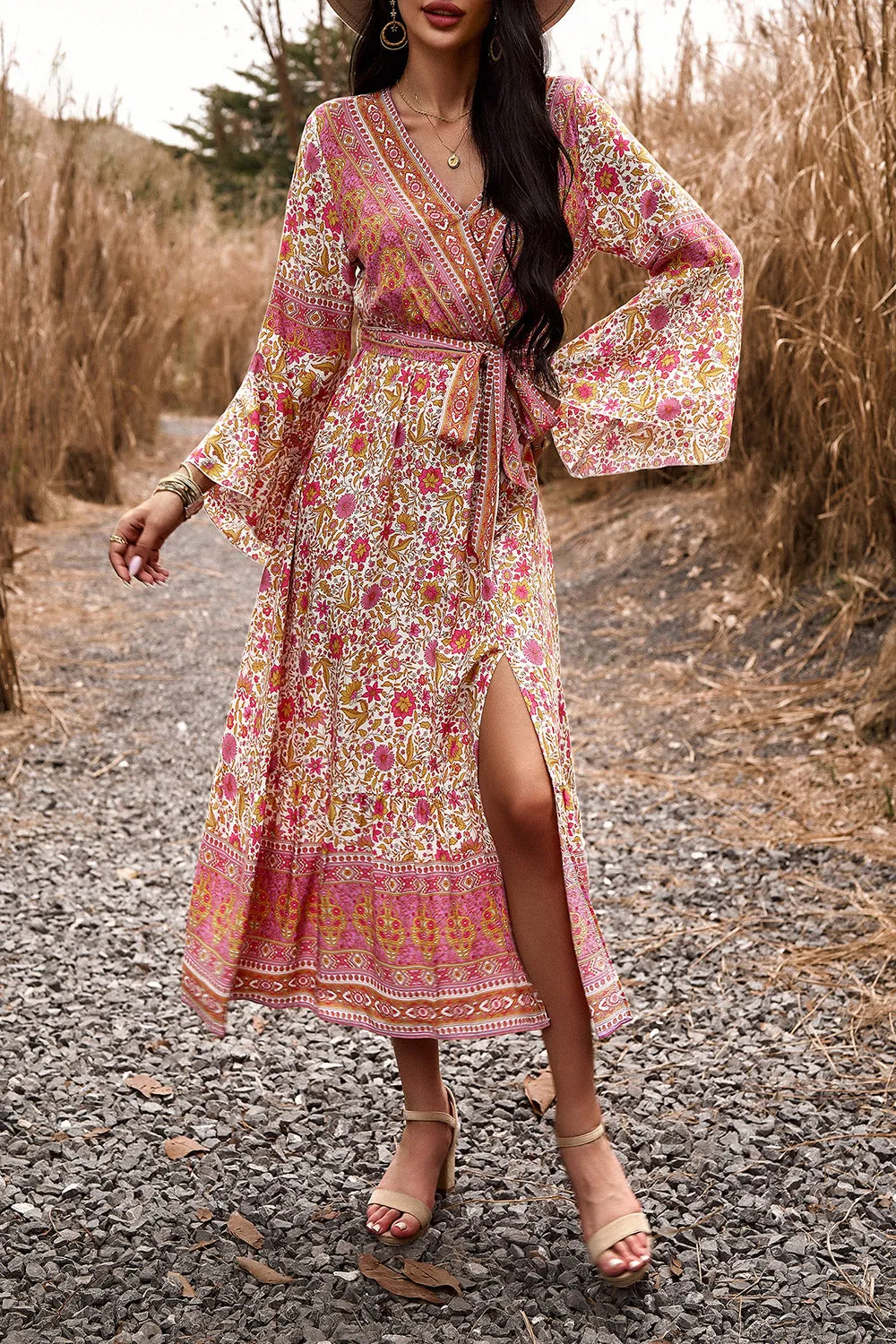 Bohemian Surplice Neck Dress with Slit - Elegant Summer Beach Wedding Guest Attire for Women