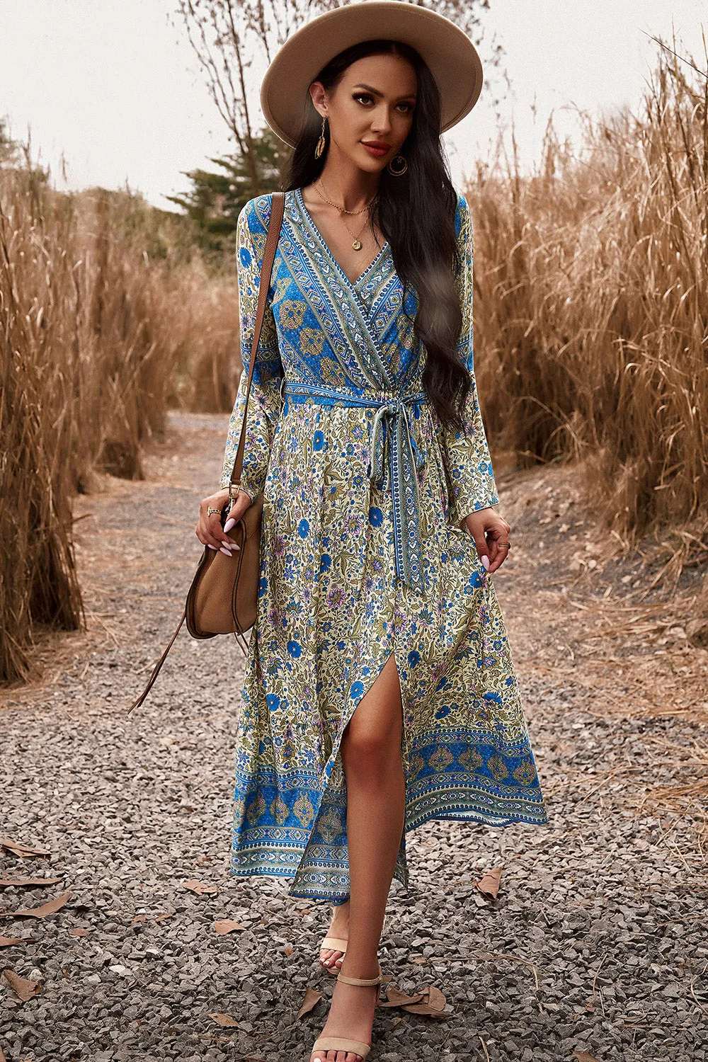 Bohemian Surplice Neck Dress with Slit - Elegant Summer Beach Wedding Guest Attire for Women