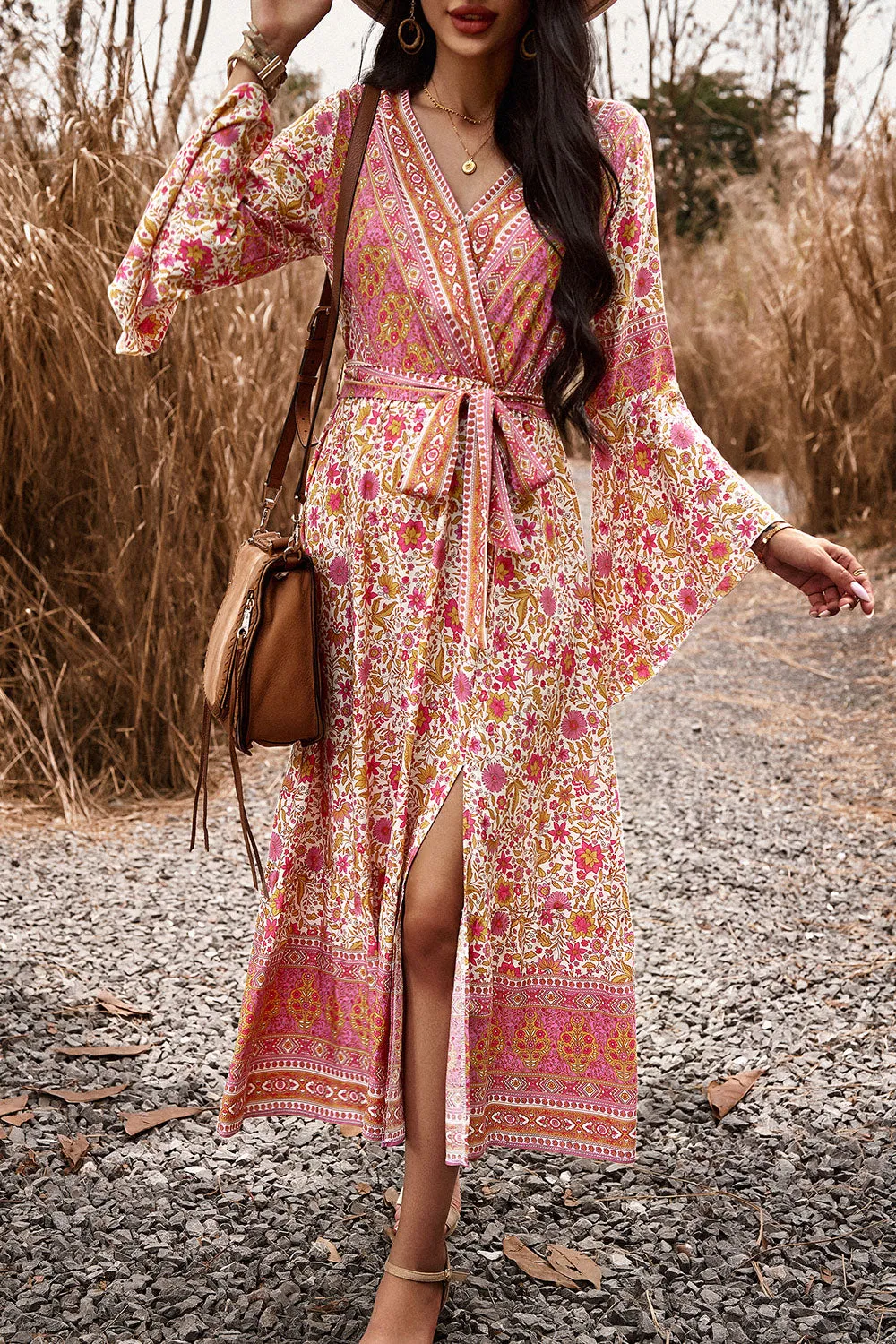 Bohemian Surplice Neck Dress with Slit - Elegant Summer Beach Wedding Guest Attire for Women