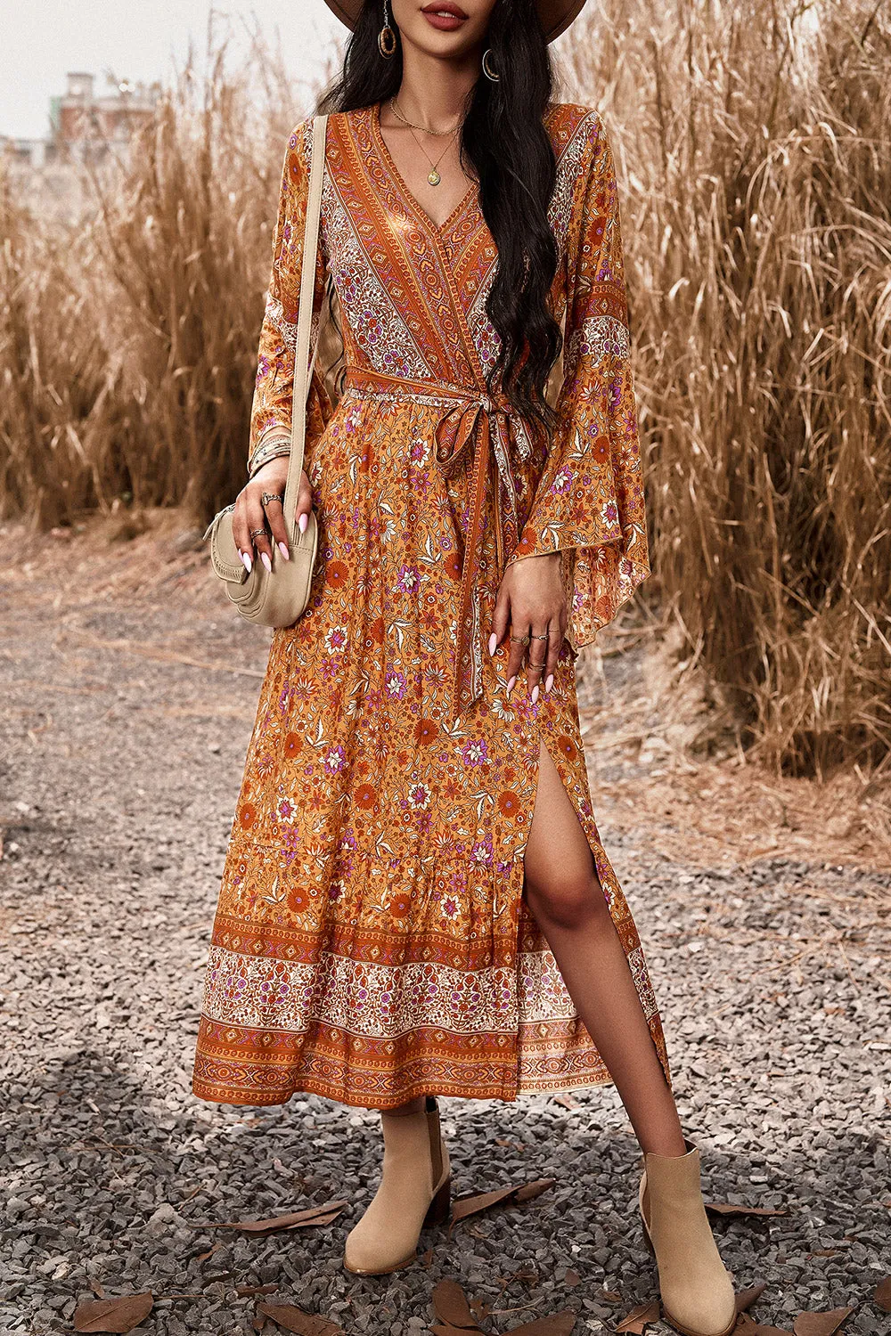 Bohemian Surplice Neck Dress with Slit - Elegant Summer Beach Wedding Guest Attire for Women