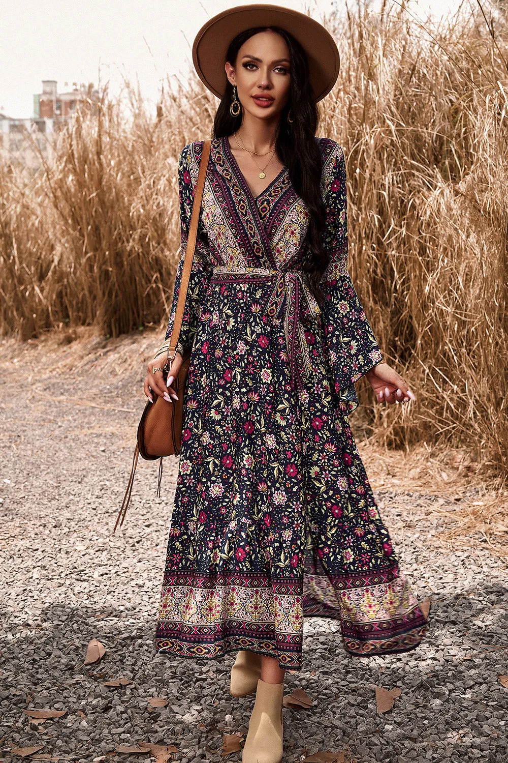 Bohemian Surplice Neck Dress with Slit - Elegant Summer Beach Wedding Guest Attire for Women