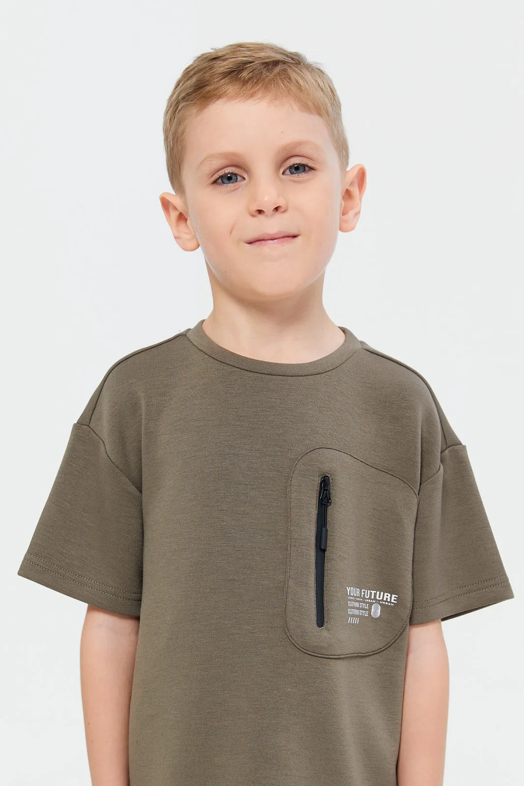 Boys Olive Printed Loose Fit T-Shirt