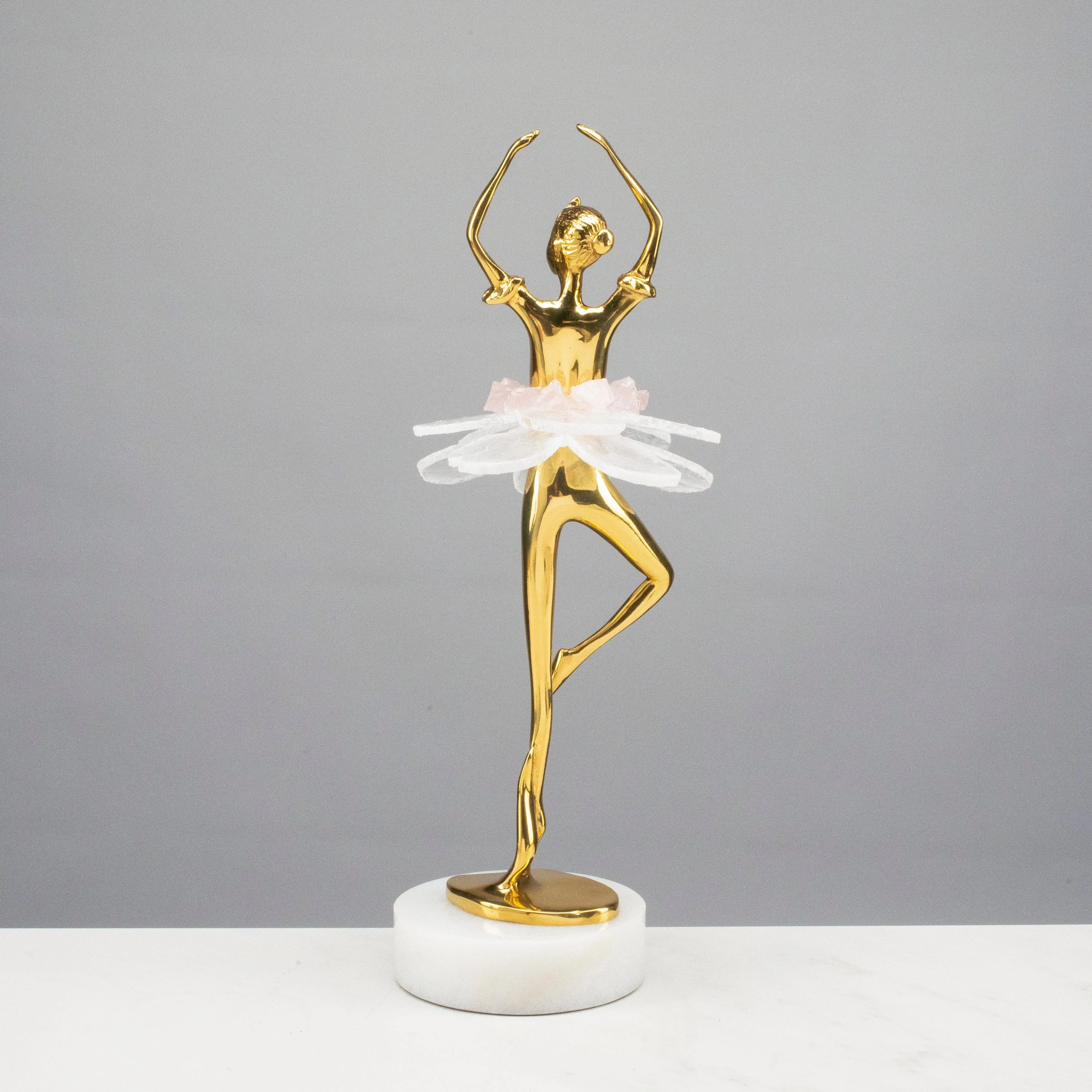 Brass Ballerina with Calcite & Rose Quartz Tutu on Marble Base