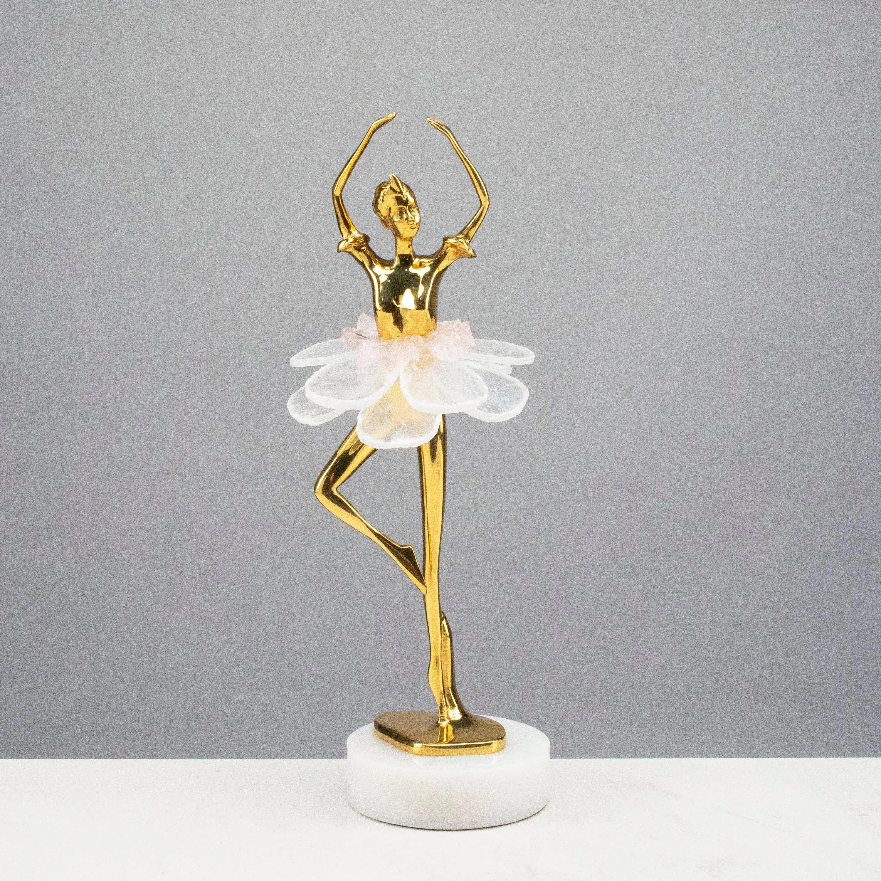 Brass Ballerina with Calcite & Rose Quartz Tutu on Marble Base