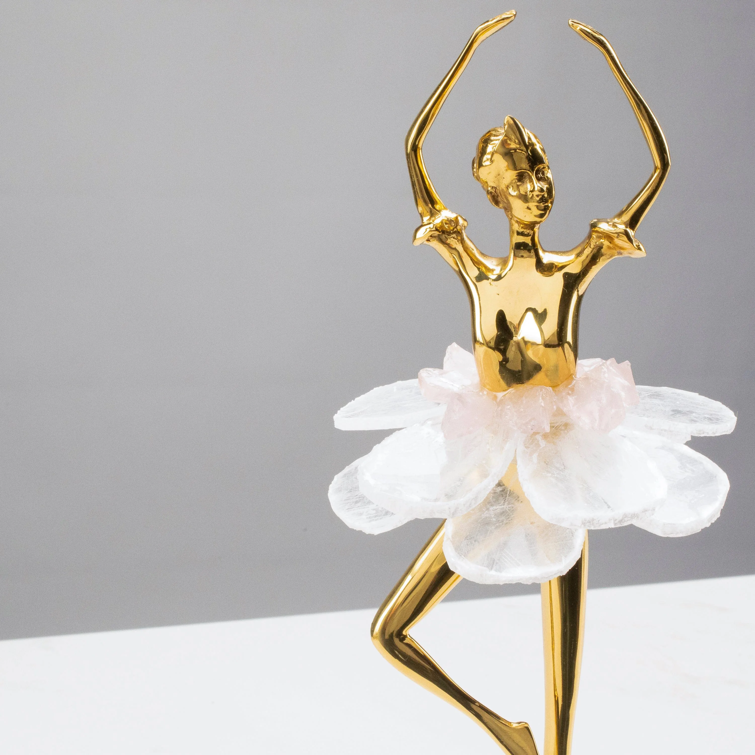 Brass Ballerina with Calcite & Rose Quartz Tutu on Marble Base