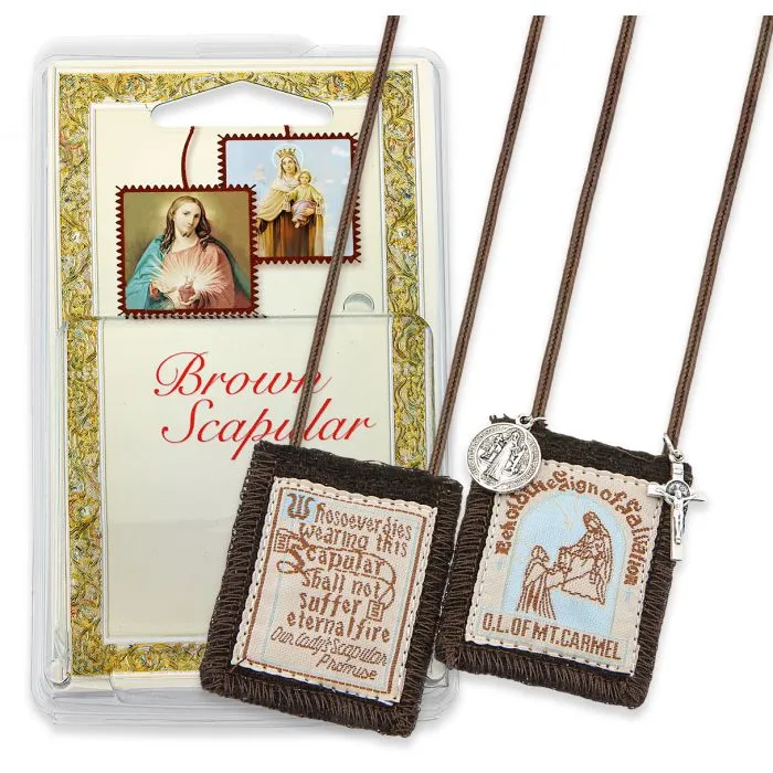 Brown Scapular Wool w/Metals & Blessing Prayer