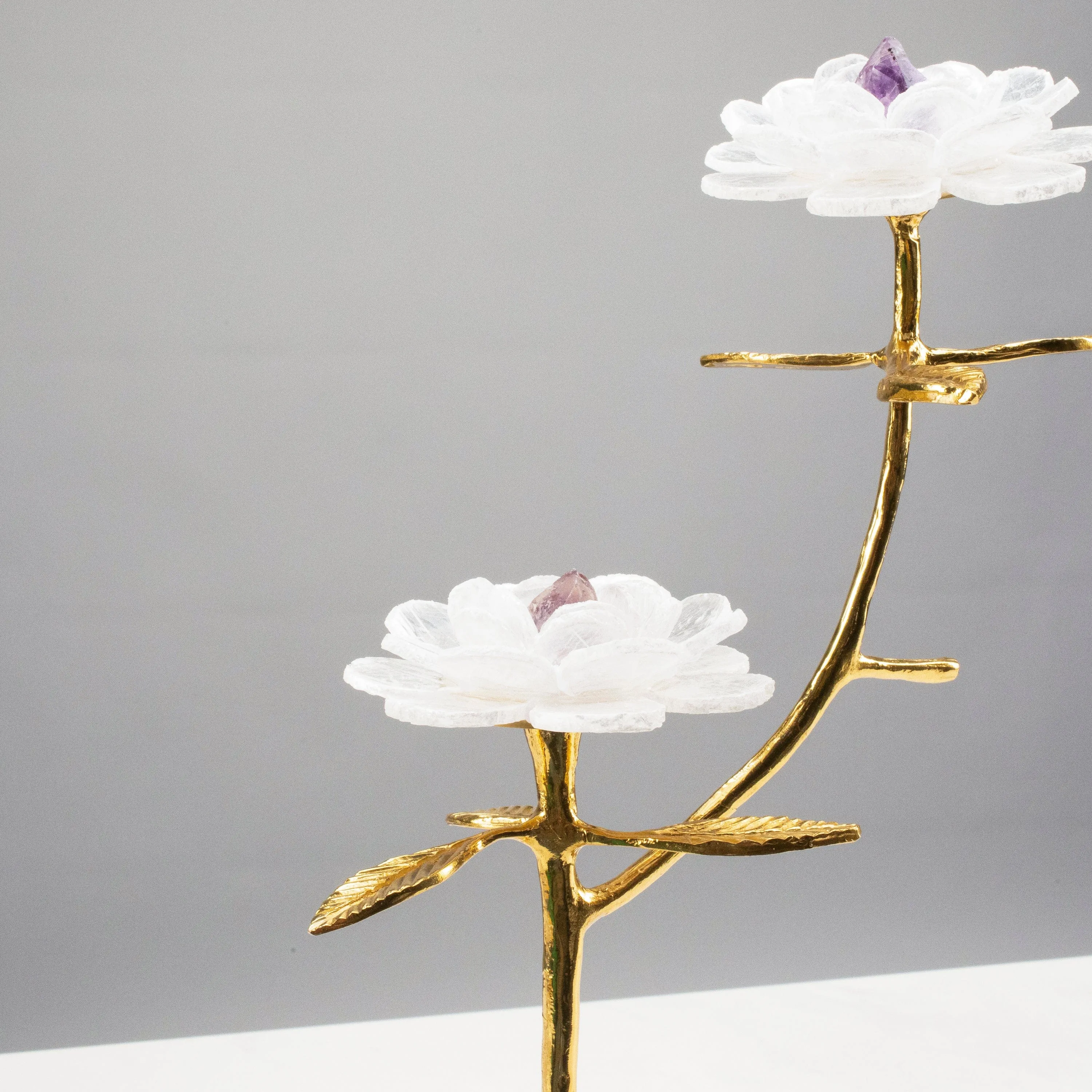 Calcite Flowers with Amethyst Center on Brass Stem on Acrylic Base