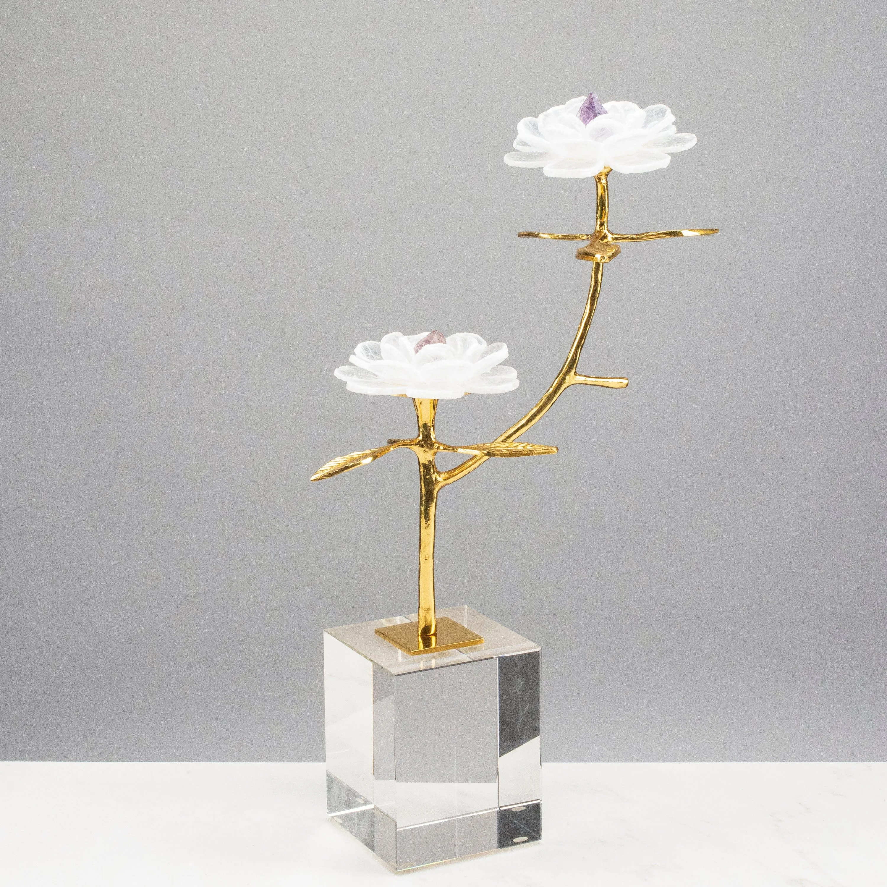 Calcite Flowers with Amethyst Center on Brass Stem on Acrylic Base