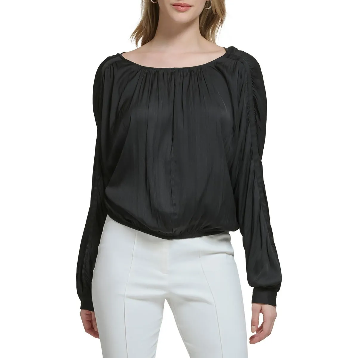 Calvin Klein Womens Shirred Boat-Neck Blouse