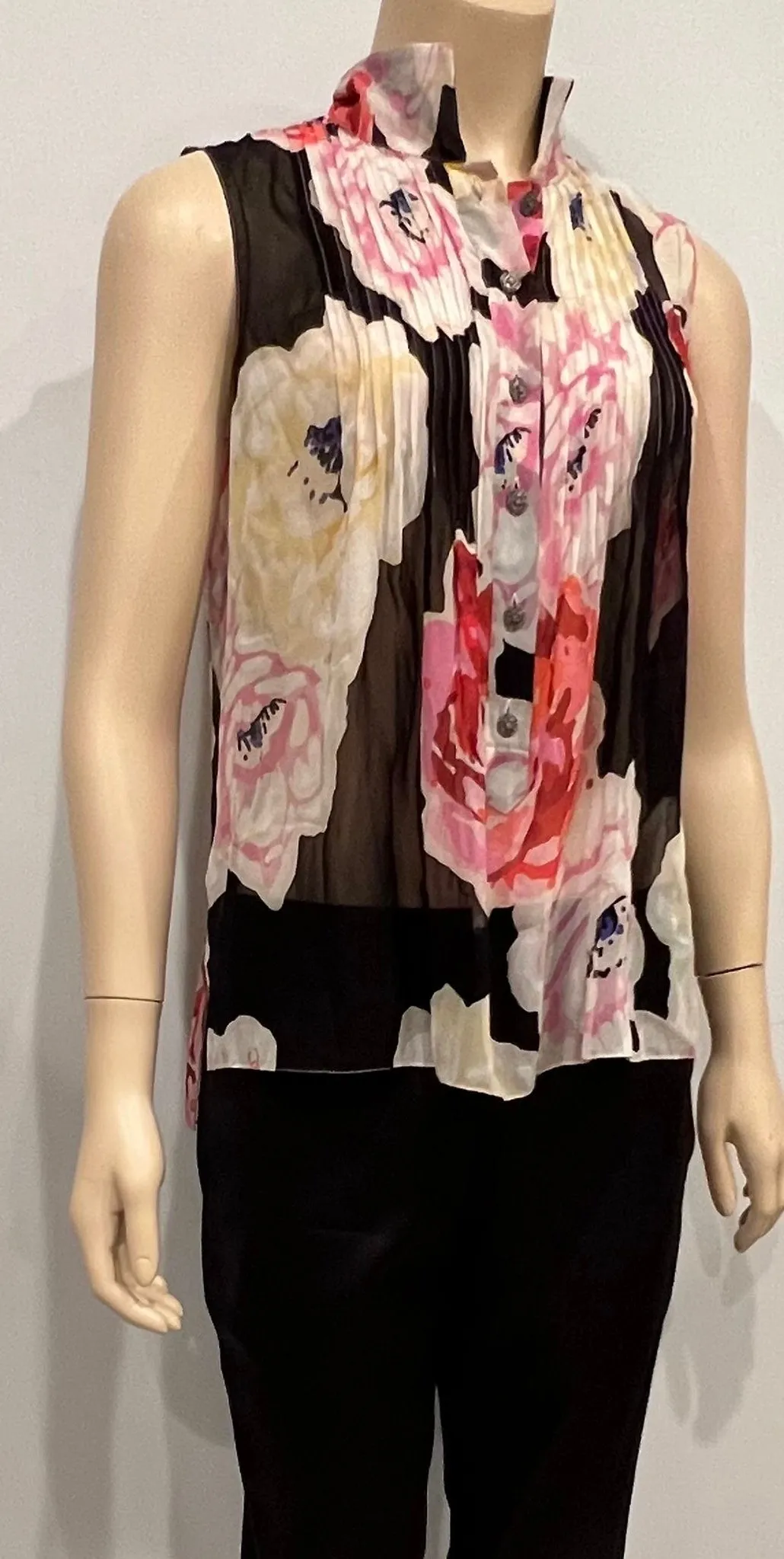 Chanel 11P 2011 Spring Black Floral Silk Chiffon Top Blouse FR 38 US 4/6