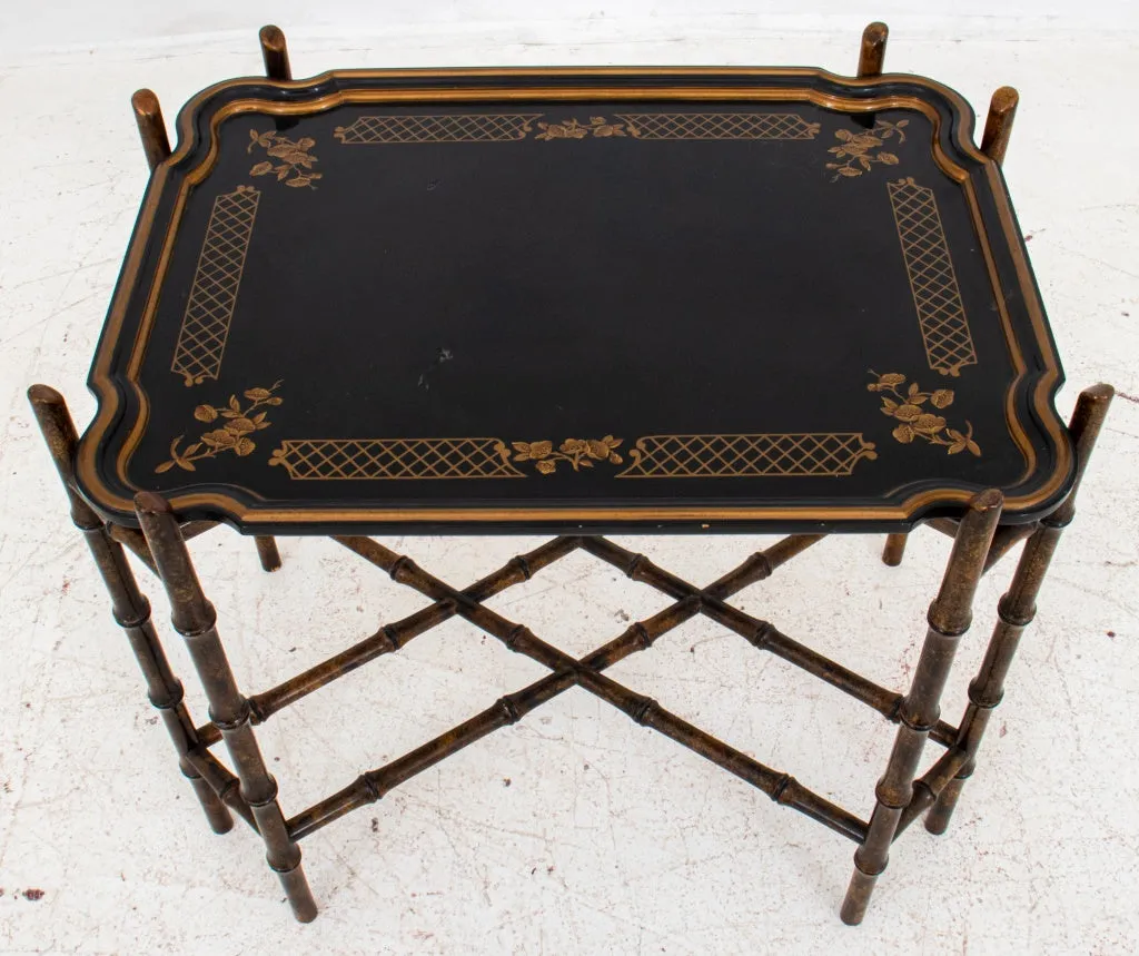 Chinoiserie Lacquered Wood Tray on Bamboo Stand