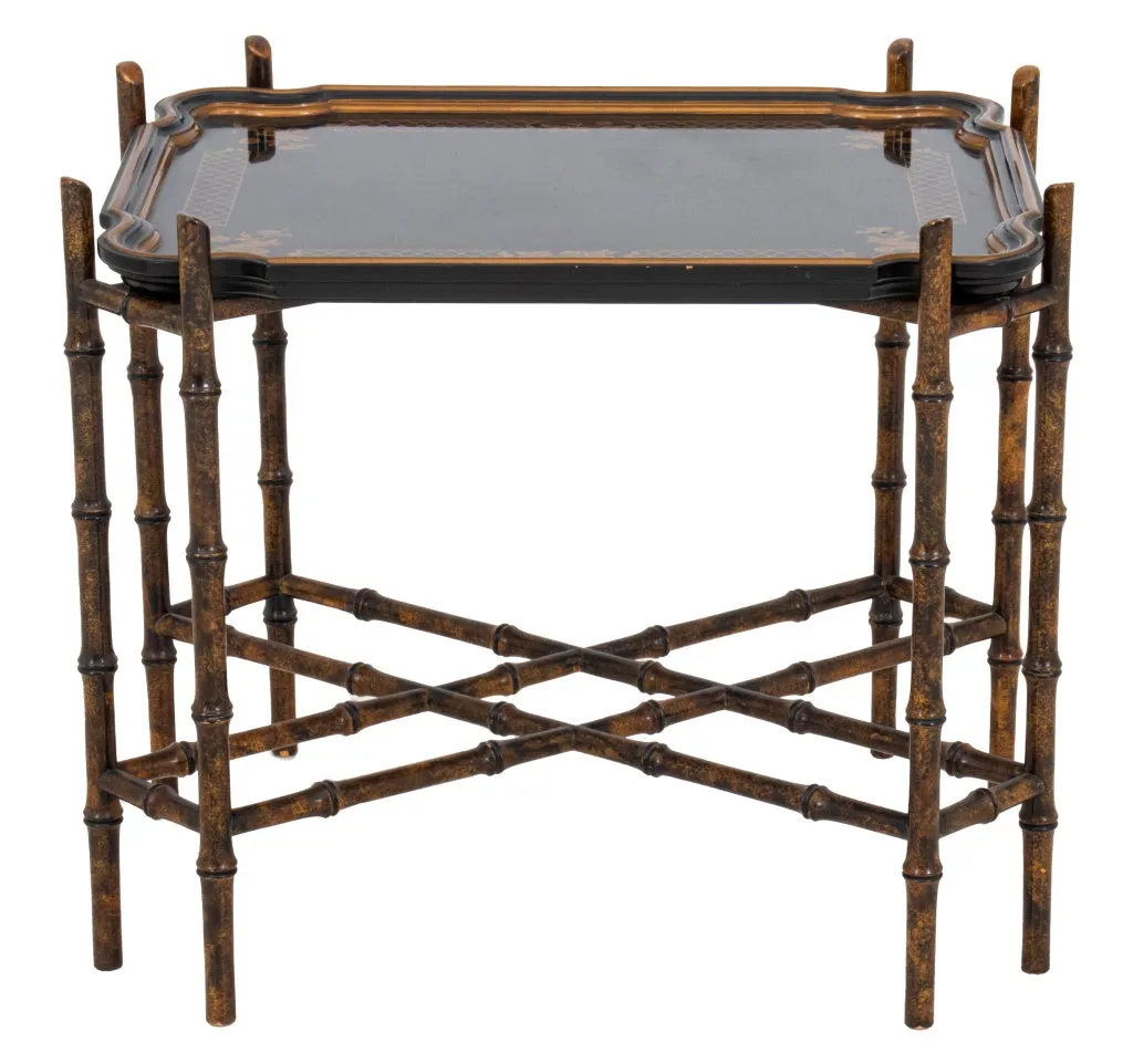 Chinoiserie Lacquered Wood Tray on Bamboo Stand