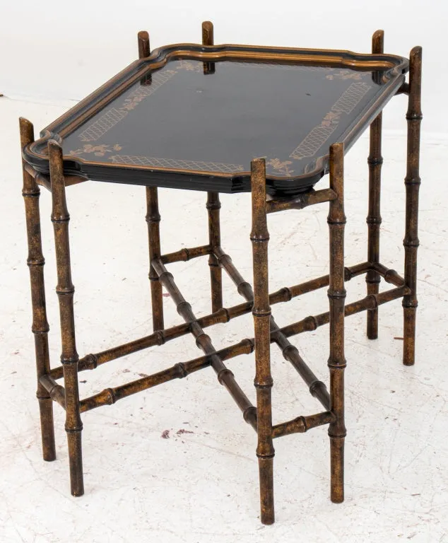 Chinoiserie Lacquered Wood Tray on Bamboo Stand