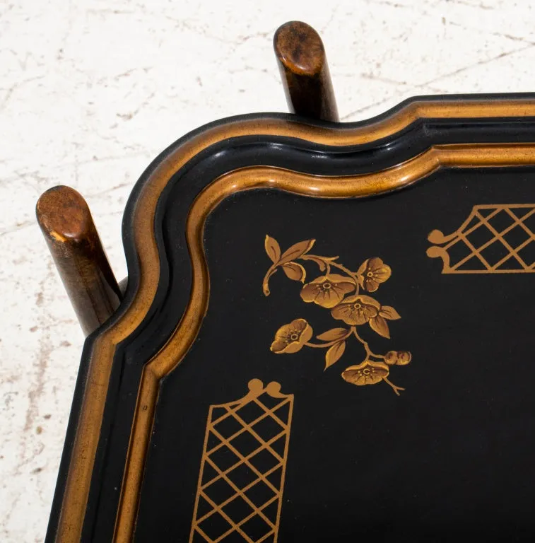 Chinoiserie Lacquered Wood Tray on Bamboo Stand