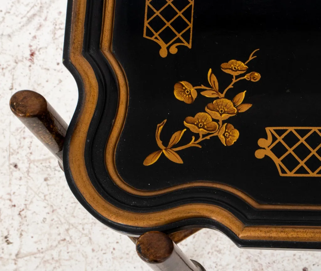 Chinoiserie Lacquered Wood Tray on Bamboo Stand