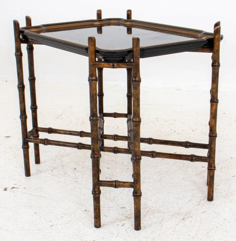 Chinoiserie Lacquered Wood Tray on Bamboo Stand