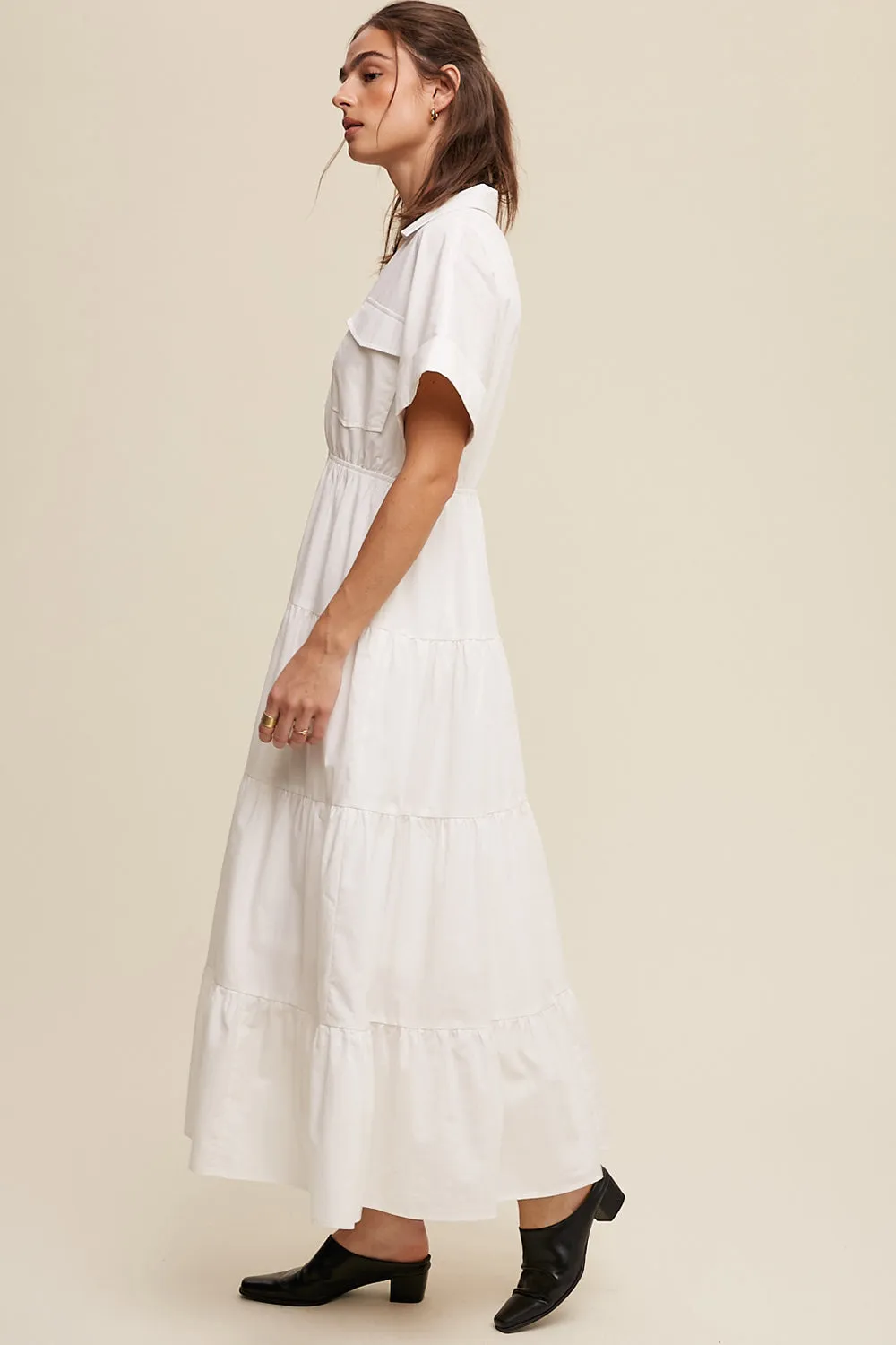 Collared Surplice Neckline Poplin Maxi Dress