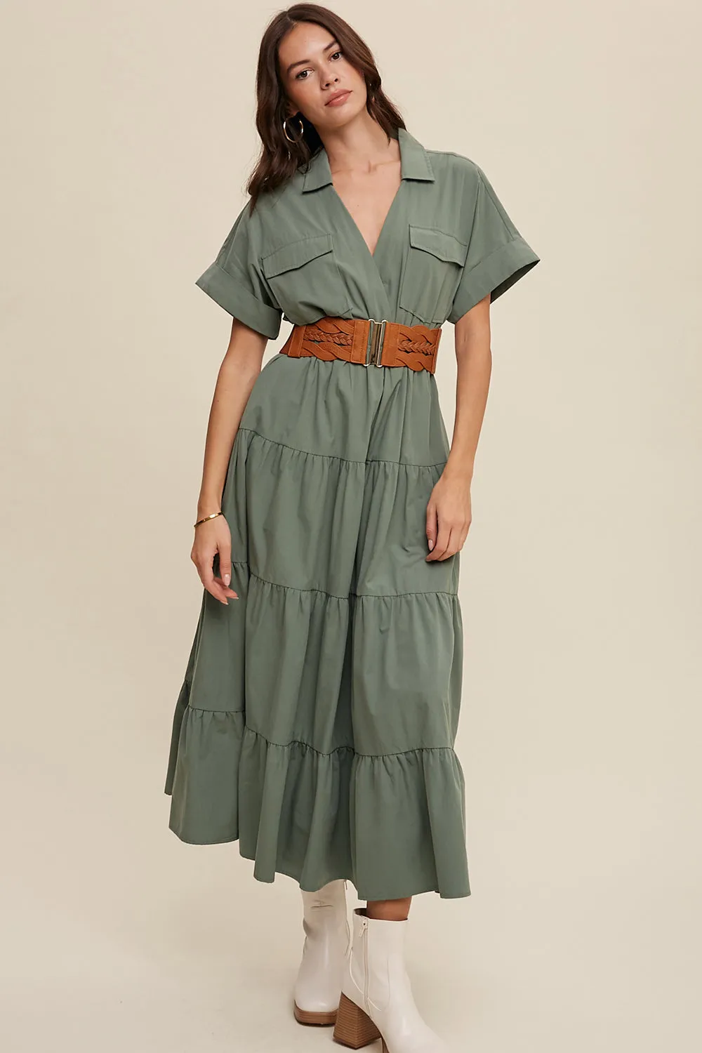 Collared Surplice Neckline Poplin Maxi Dress