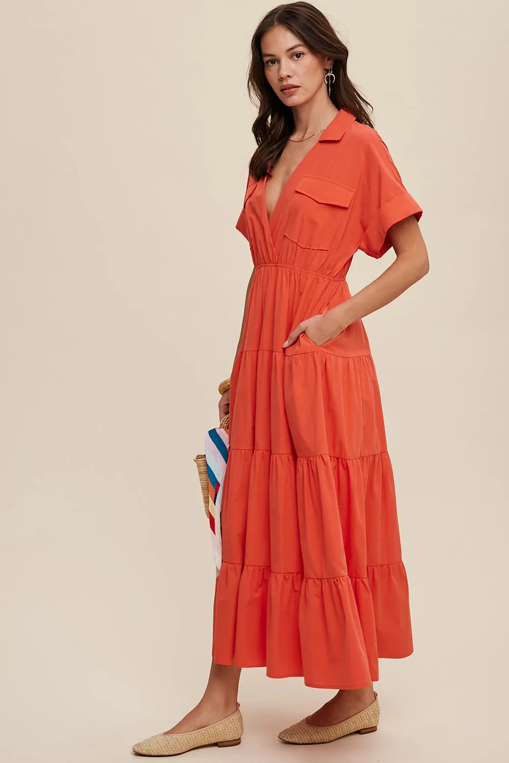 Collared Surplice Neckline Poplin Maxi Dress