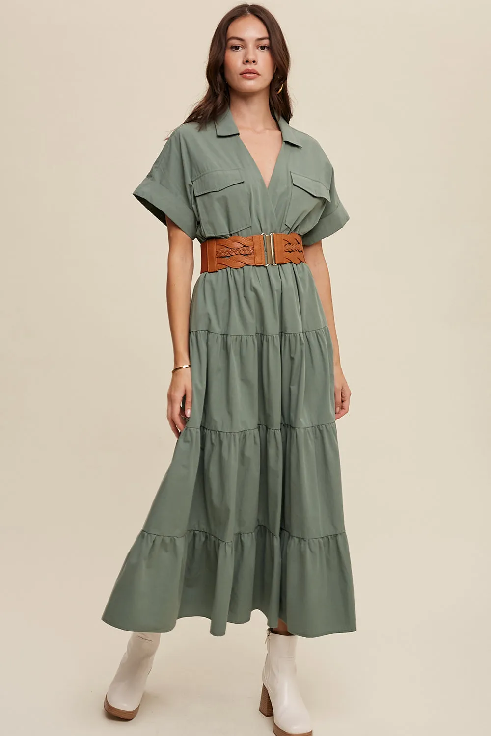 Collared Surplice Neckline Poplin Maxi Dress