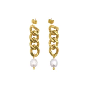 Curb Chain and Freshwater Pearl Earrings gold